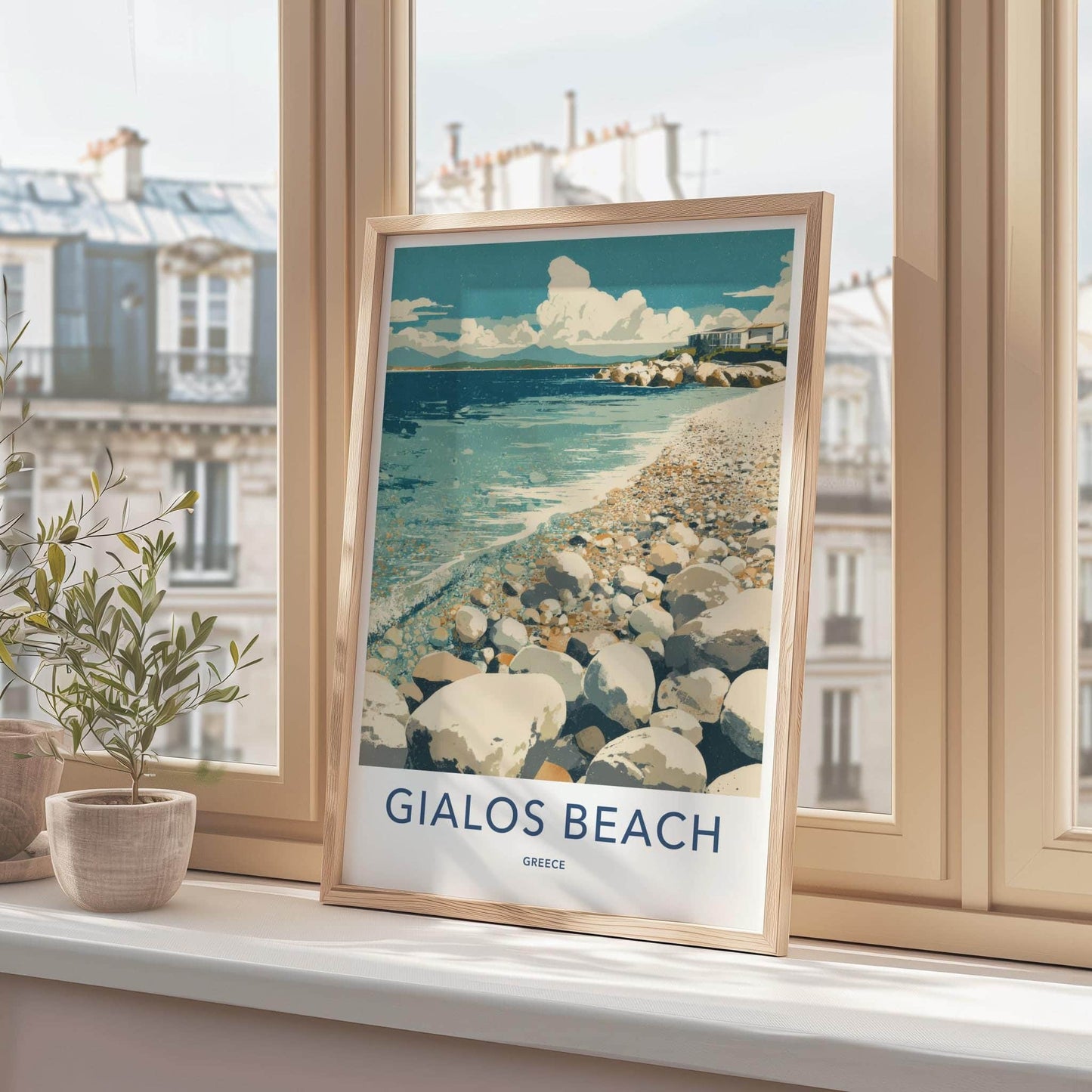 Gialos Beach Poster - Greece Travel Art - Pebble Beach Oceanfront Home Decor