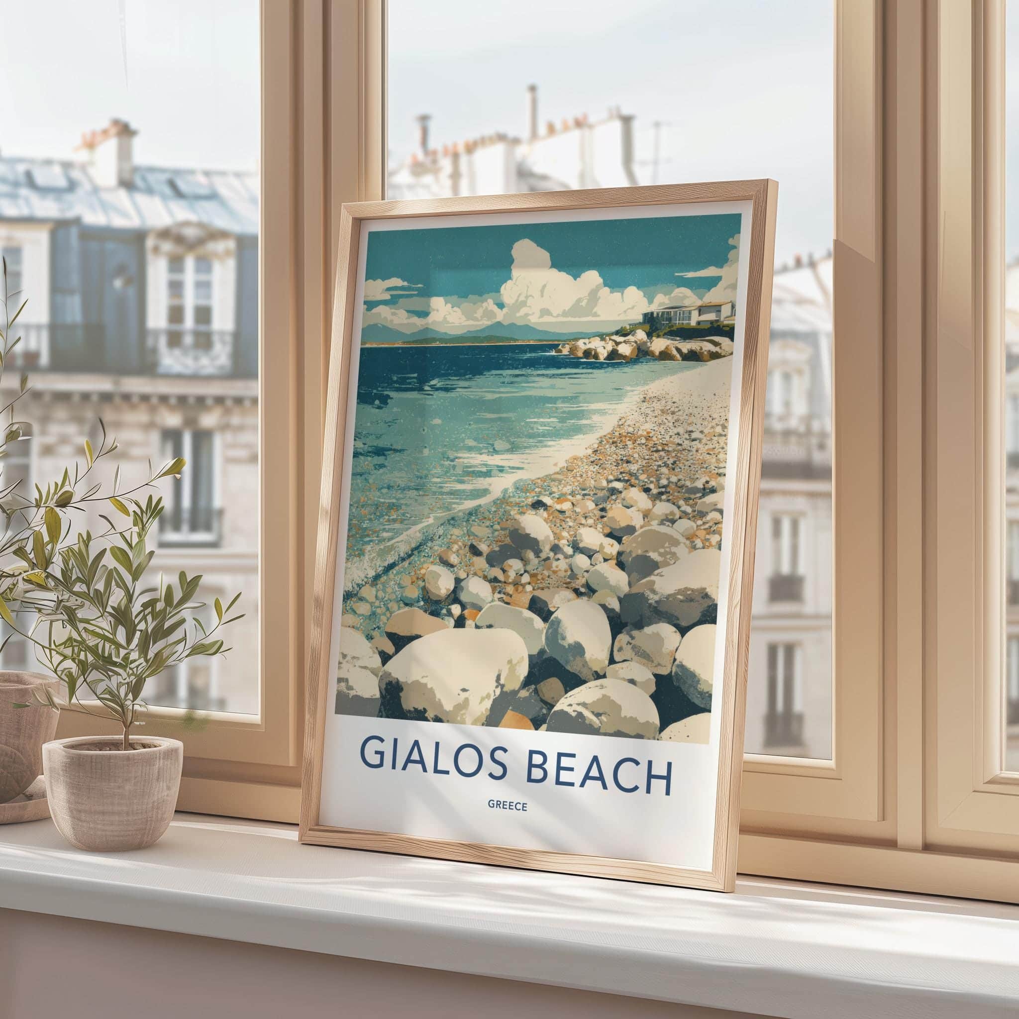 Gialos Beach Poster - Greece Travel Art - Pebble Beach Oceanfront Home Decor