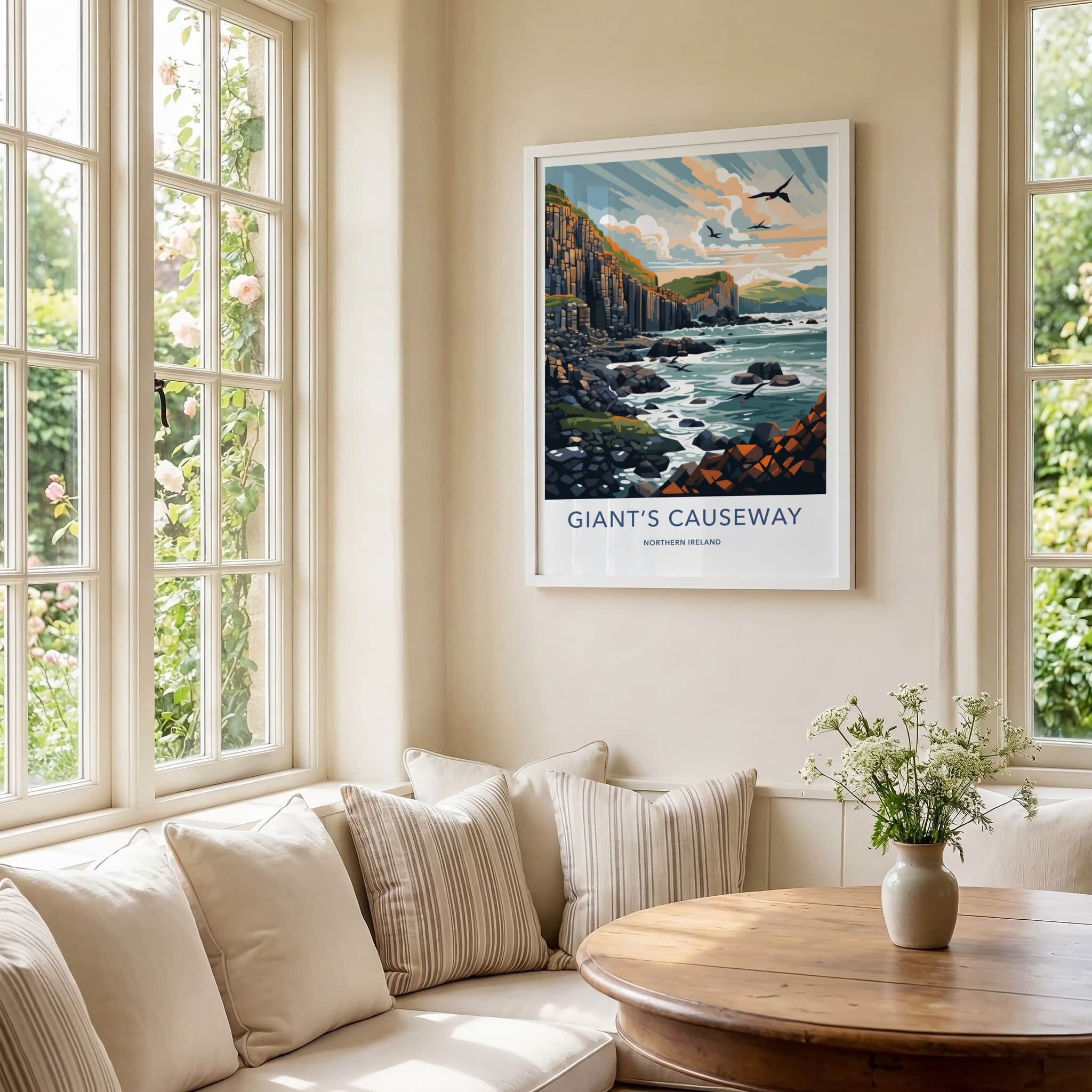 Giant's Causeway Poster - Northern Ireland Travel Art - Columnar Cliffs Birds Wall Decor