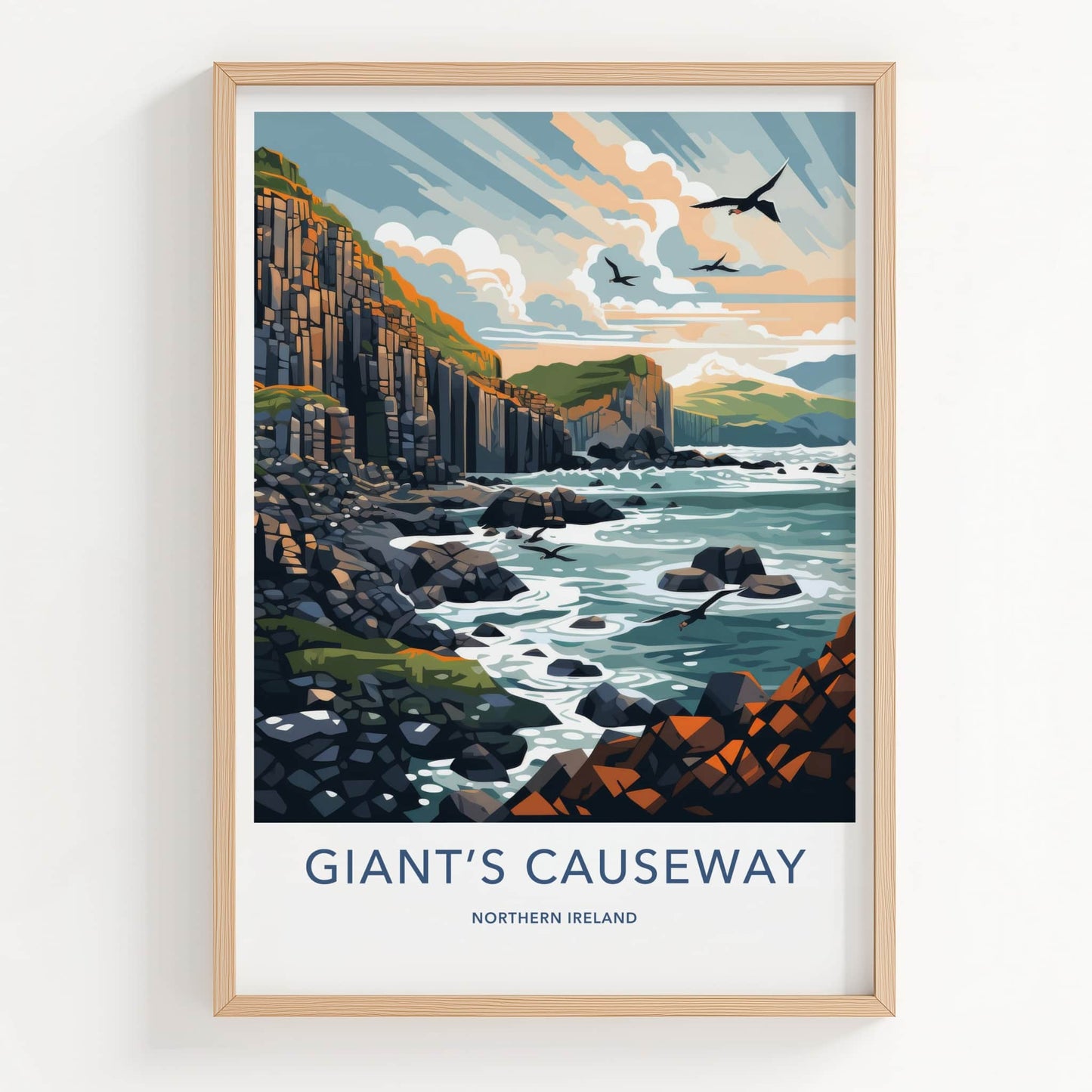 Giant's Causeway Poster - Northern Ireland Travel Art - Columnar Cliffs Birds Wall Decor