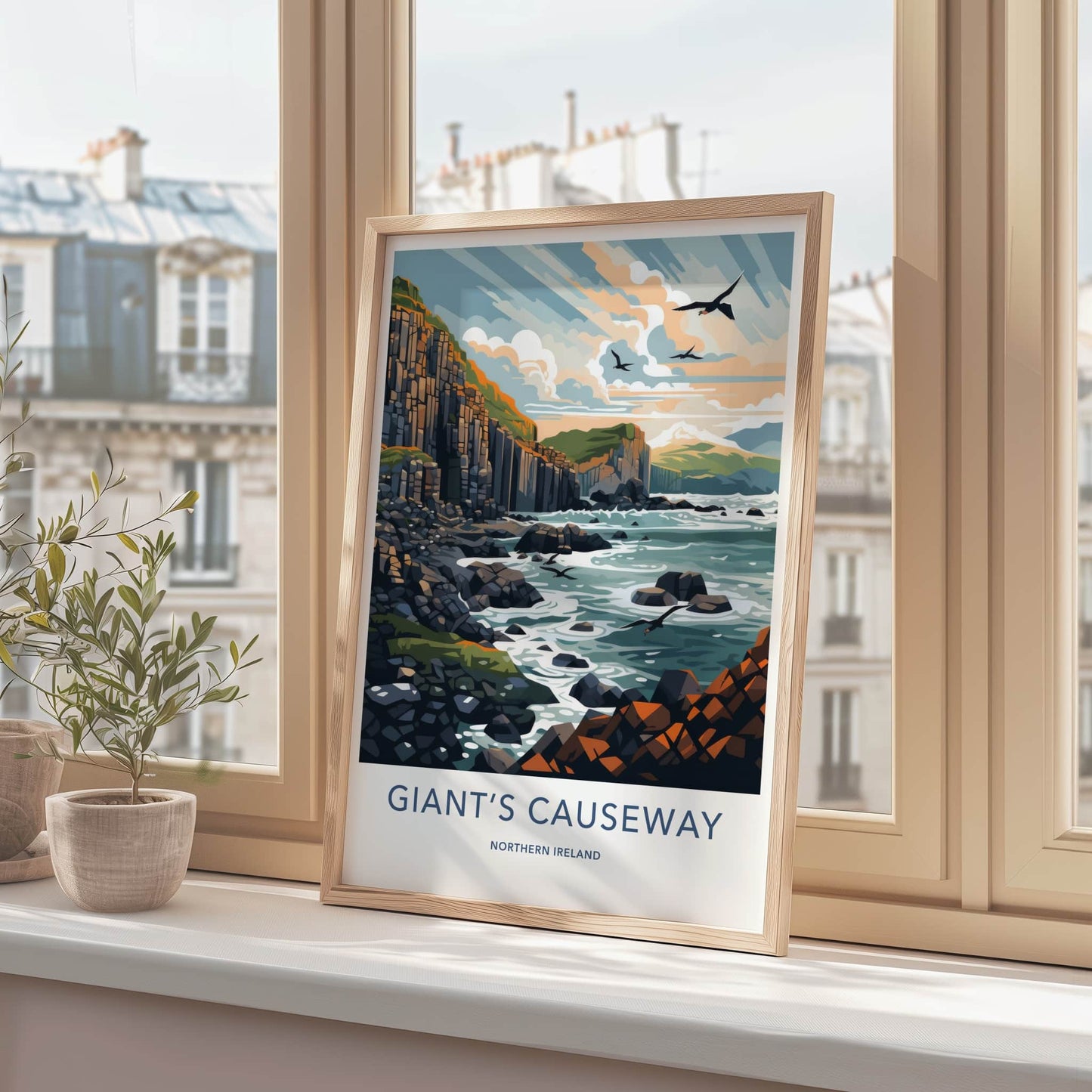 Giant's Causeway Poster - Northern Ireland Travel Art - Columnar Cliffs Birds Wall Decor