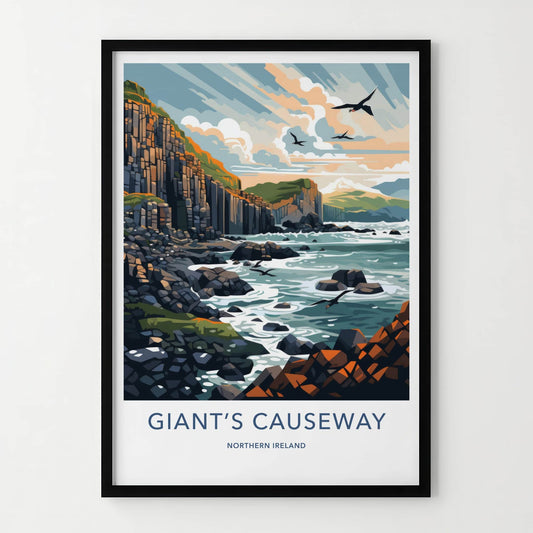 Giant's Causeway Poster - Northern Ireland Travel Art - Columnar Cliffs Birds Wall Decor