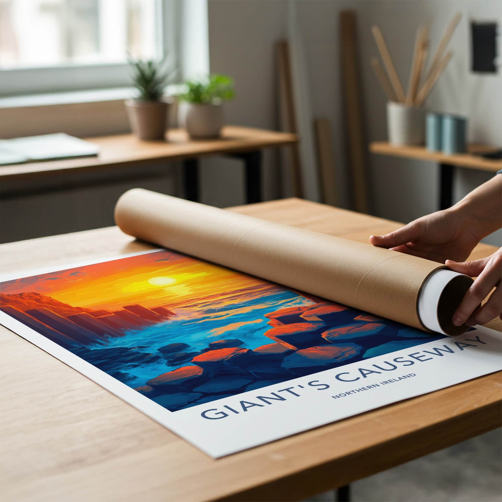 Giant's Causeway Poster - Northern Ireland Travel Art - Fiery Ocean Rocks Home Decor