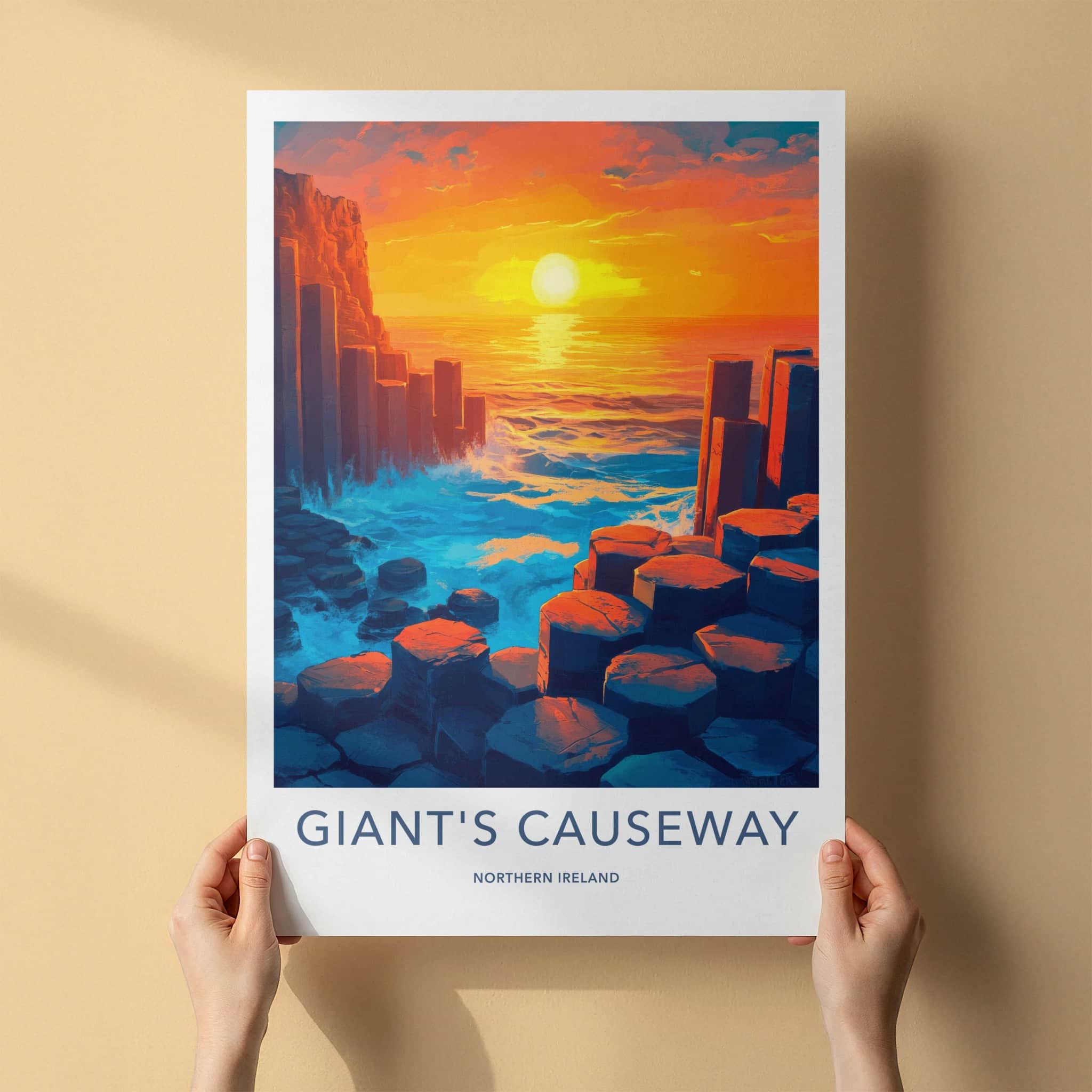 Giant's Causeway Poster - Northern Ireland Travel Art - Fiery Ocean Rocks Home Decor