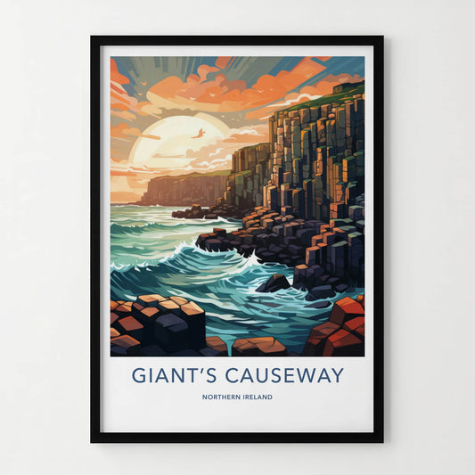 Giants Causeway Poster - Northern Ireland Travel Art - Ocean Waves Sunset Wall Decor