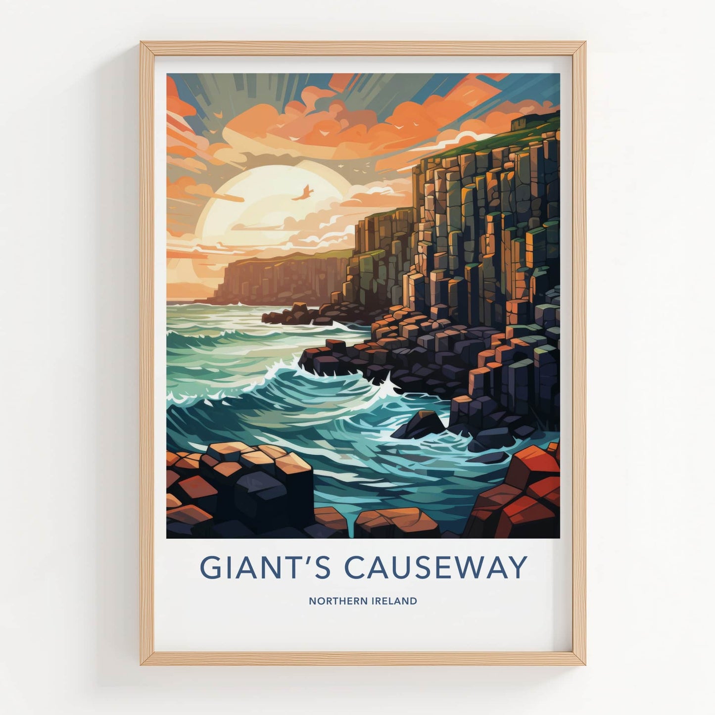 Giants Causeway Poster - Northern Ireland Travel Art - Ocean Waves Sunset Wall Decor
