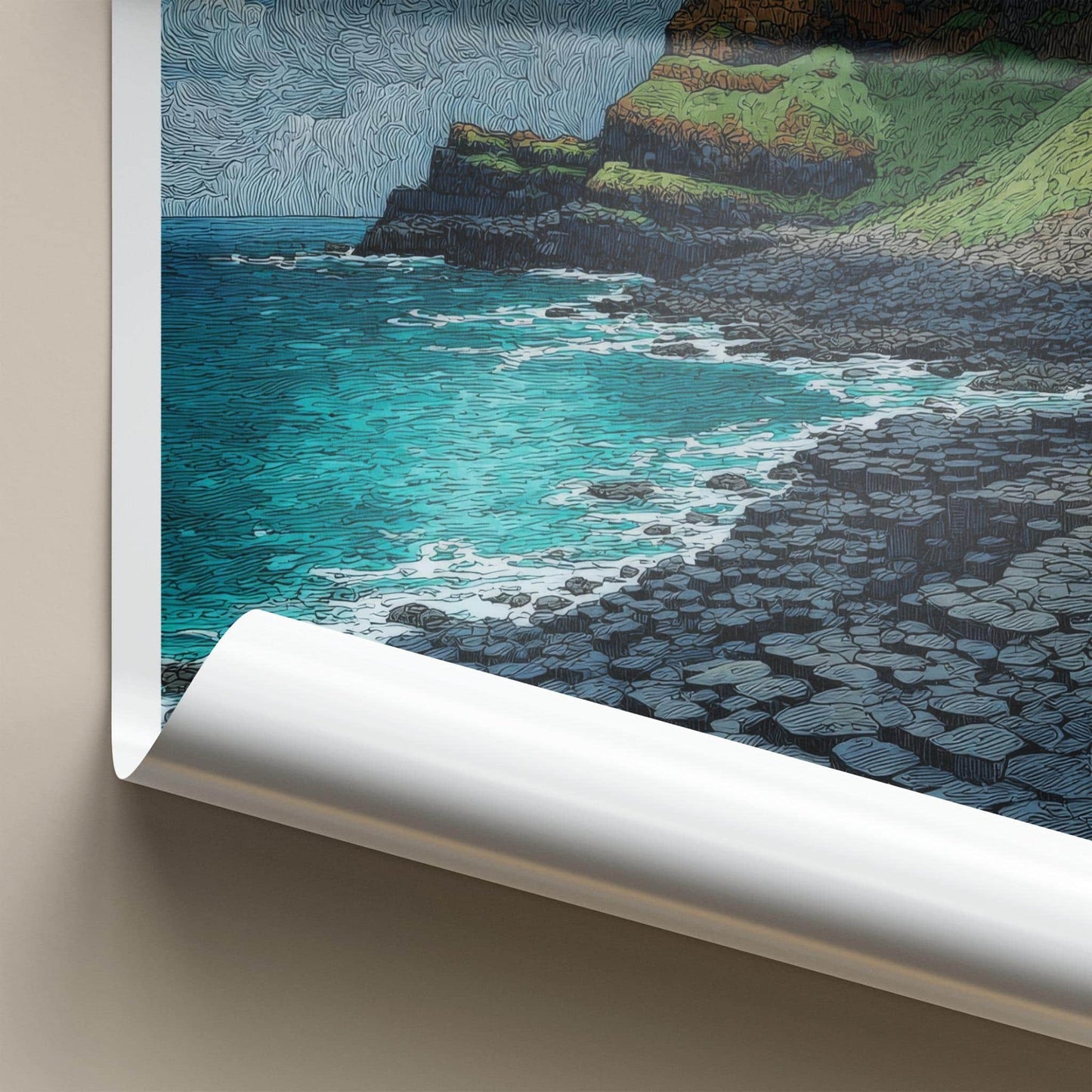 Giants Causeway Poster - United Kingdom Travel Art - Ocean Cliff Lighthouse Home Decor