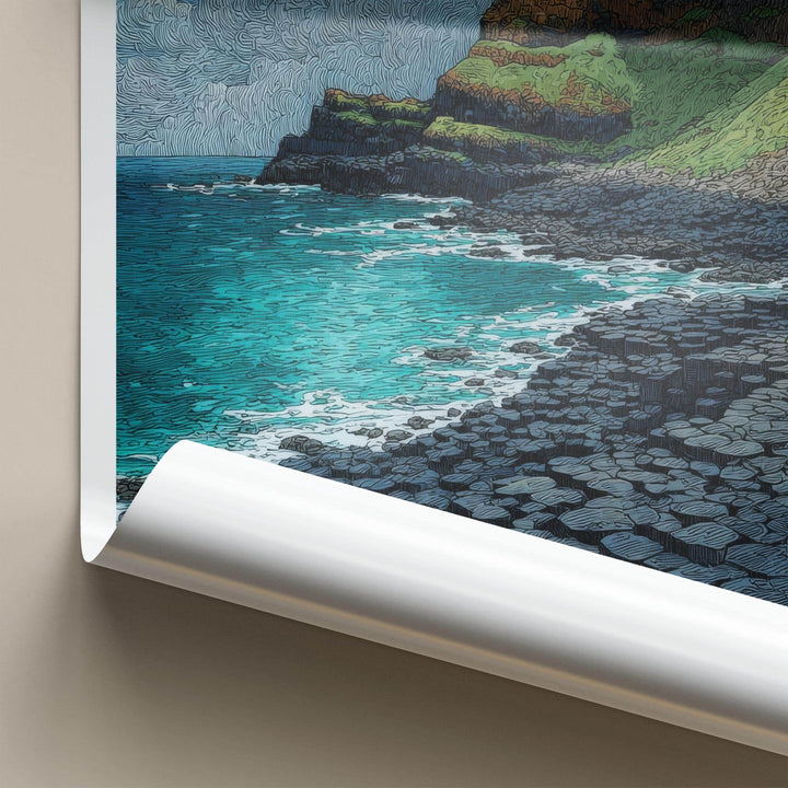 Giants Causeway Poster - United Kingdom Travel Art - Ocean Cliff Lighthouse Home Decor