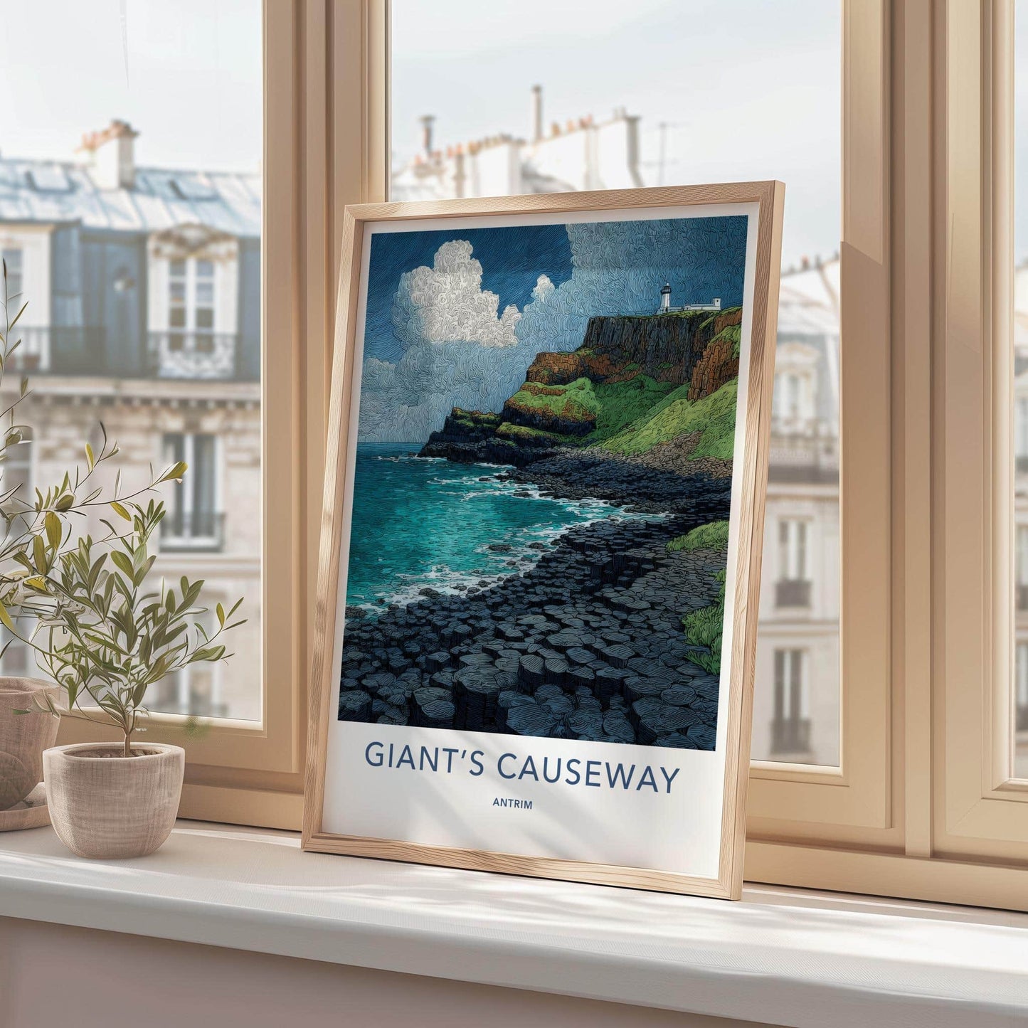 Giants Causeway Poster - United Kingdom Travel Art - Ocean Cliff Lighthouse Home Decor