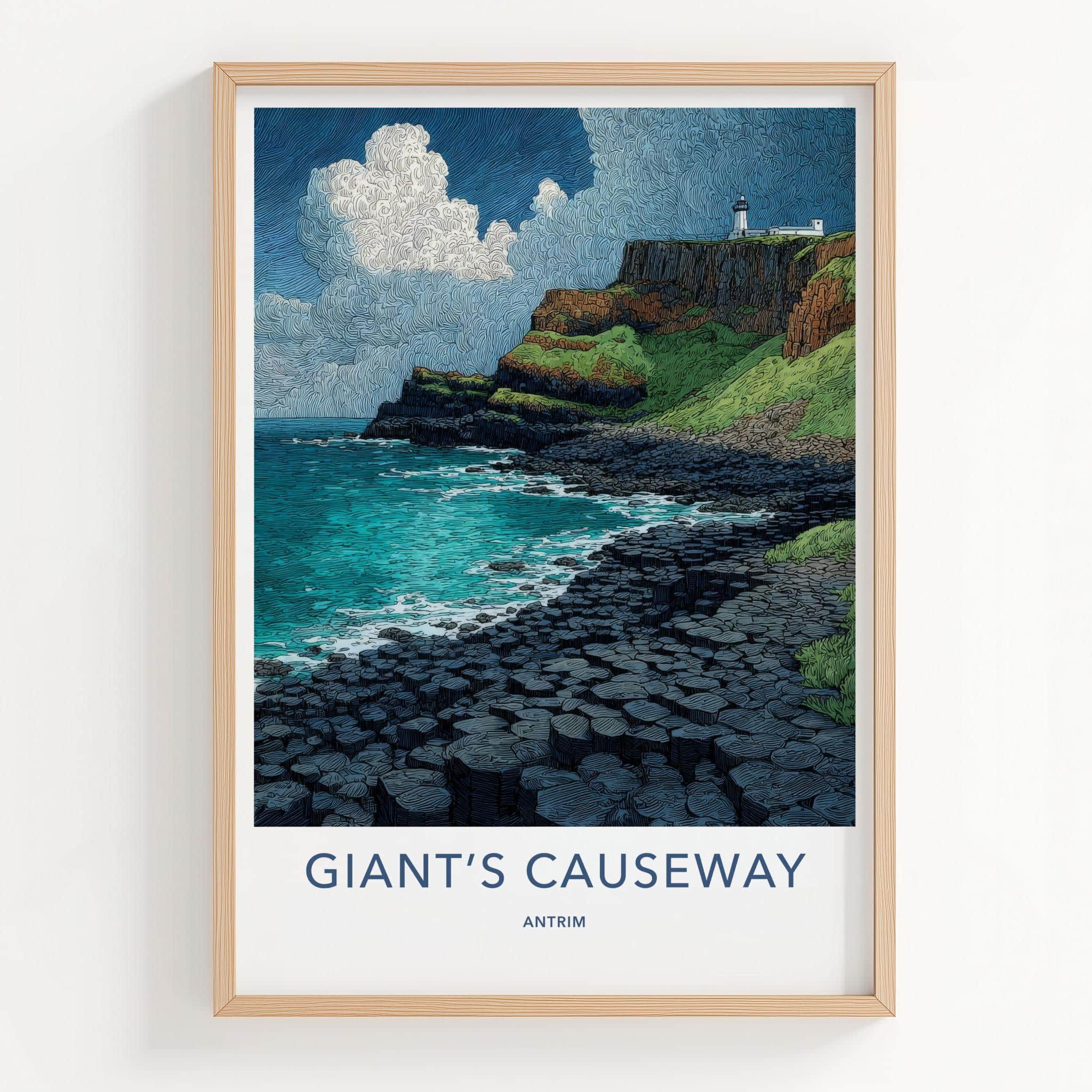 Giants Causeway Poster - United Kingdom Travel Art - Ocean Cliff Lighthouse Home Decor