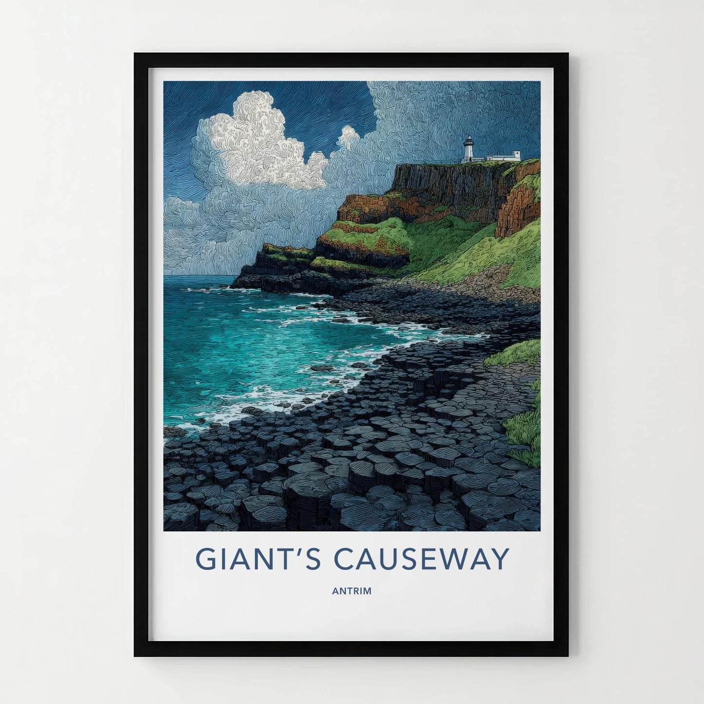 Giants Causeway Poster - United Kingdom Travel Art - Ocean Cliff Lighthouse Home Decor