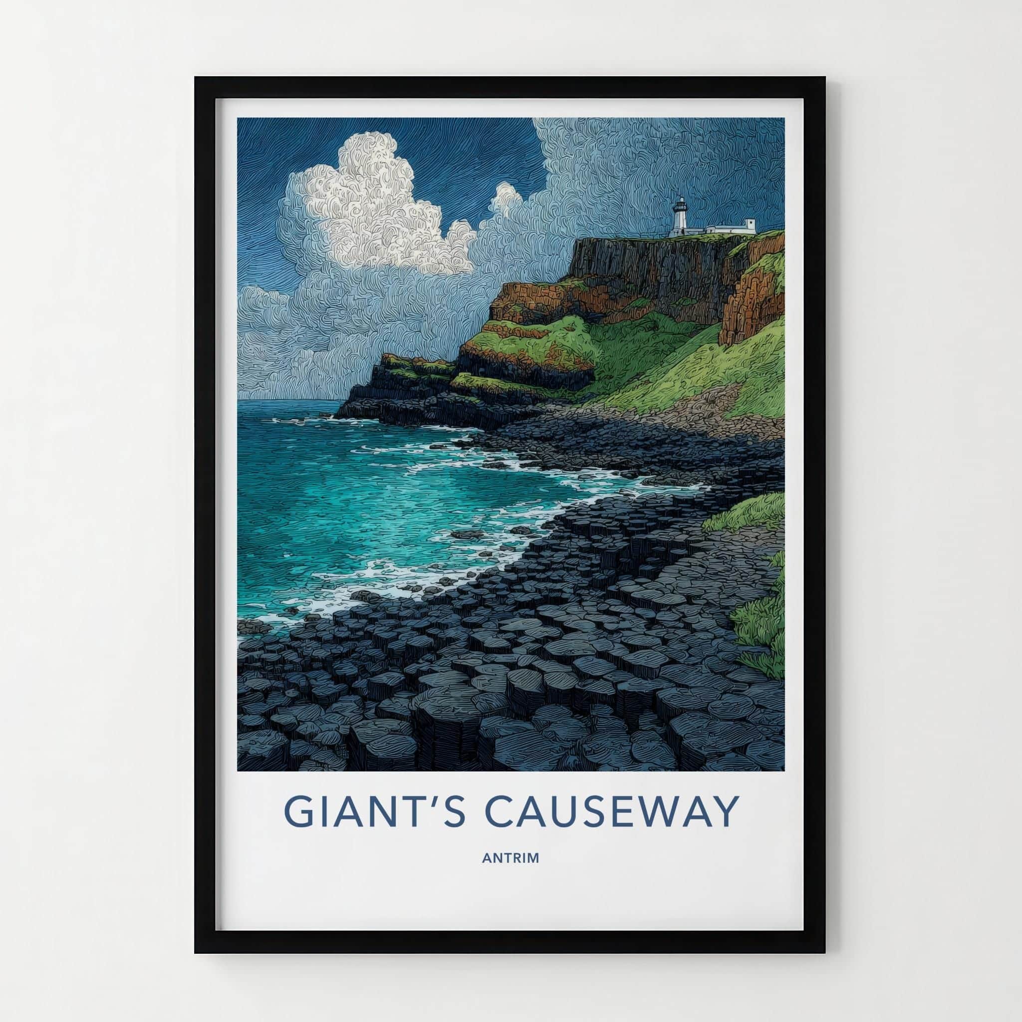 Giants Causeway Poster - United Kingdom Travel Art - Ocean Cliff Lighthouse Home Decor