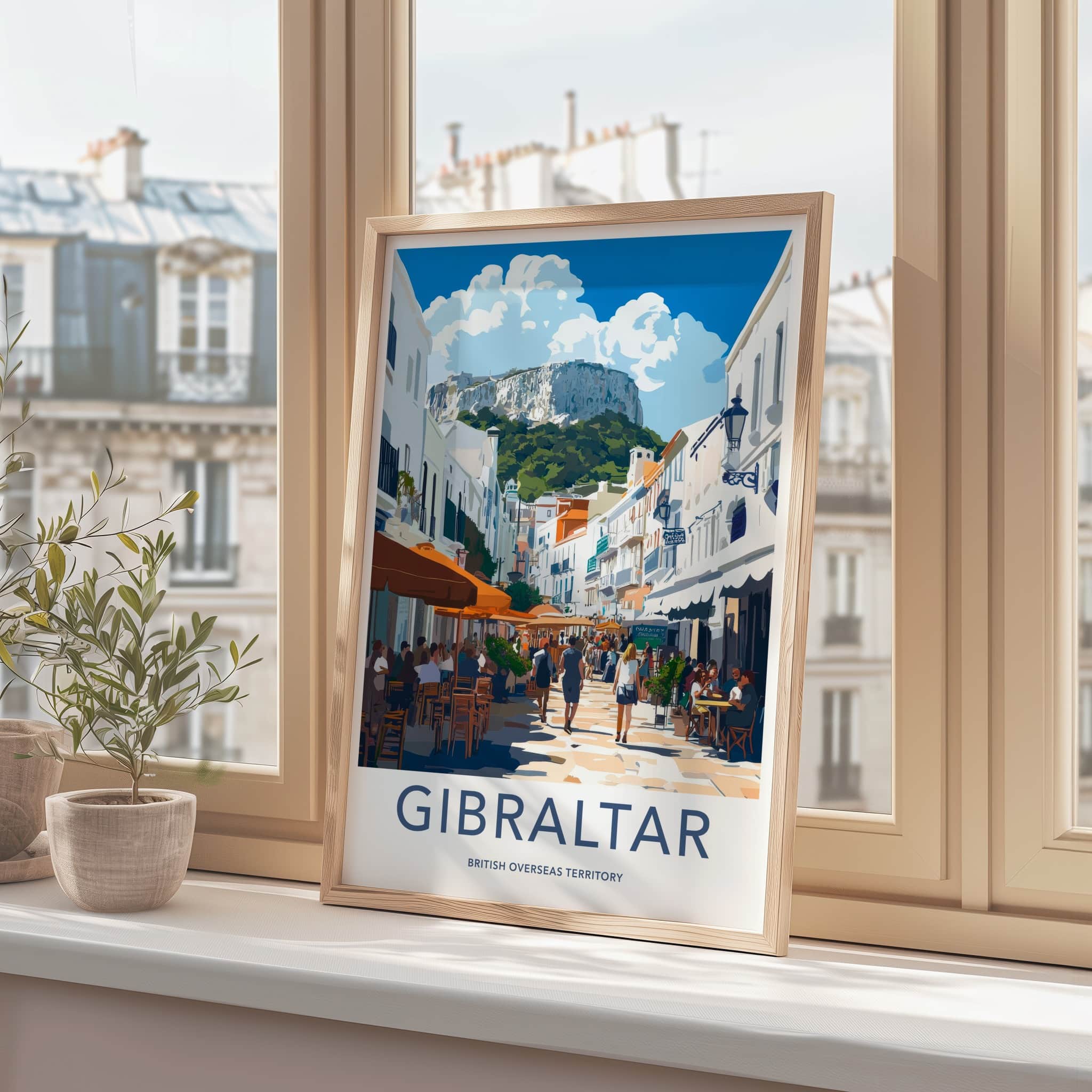 Gibraltar Poster - United Kingdom Travel Art - Busy Cafe Street Home Decor