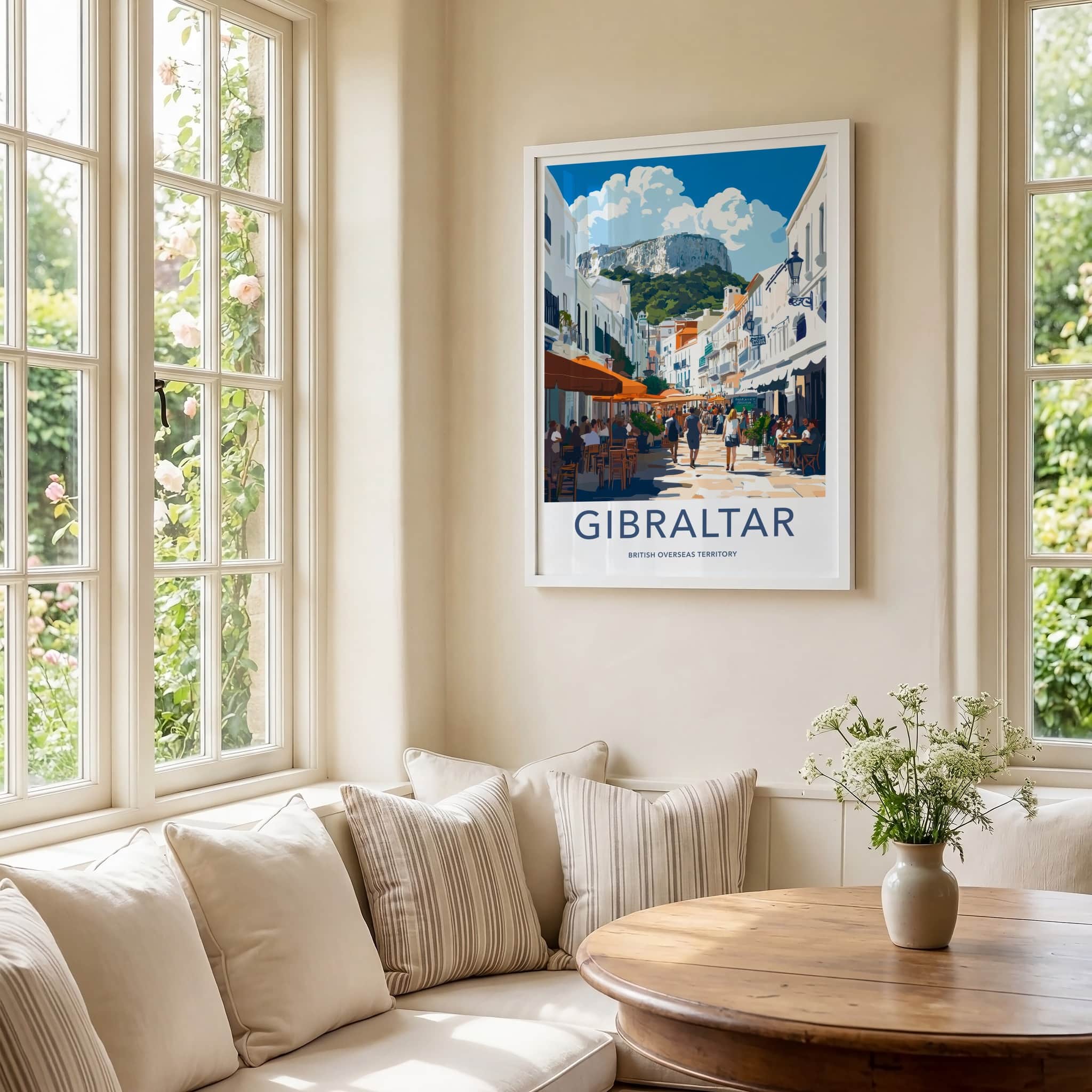 Gibraltar Poster - United Kingdom Travel Art - Busy Cafe Street Home Decor