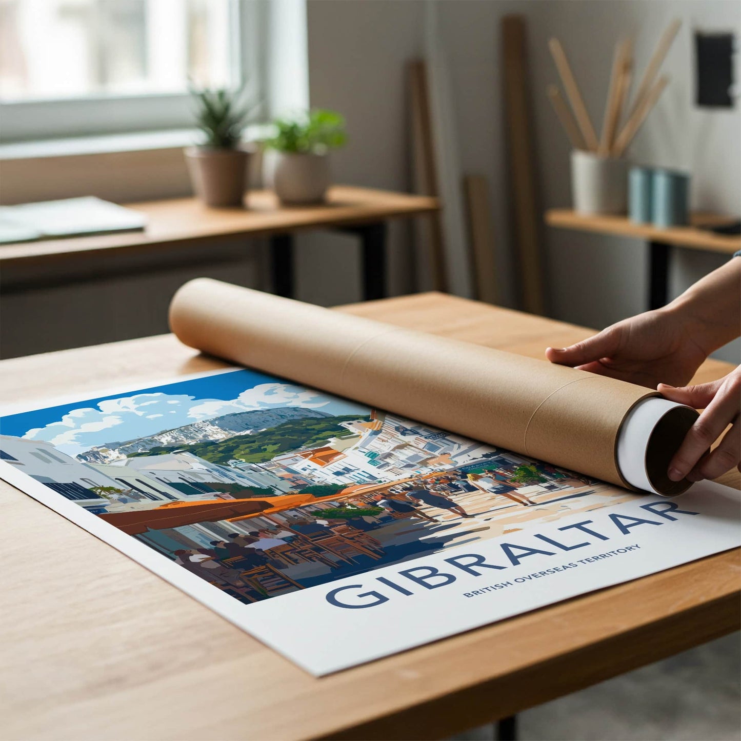 Gibraltar Poster - United Kingdom Travel Art - Busy Cafe Street Home Decor