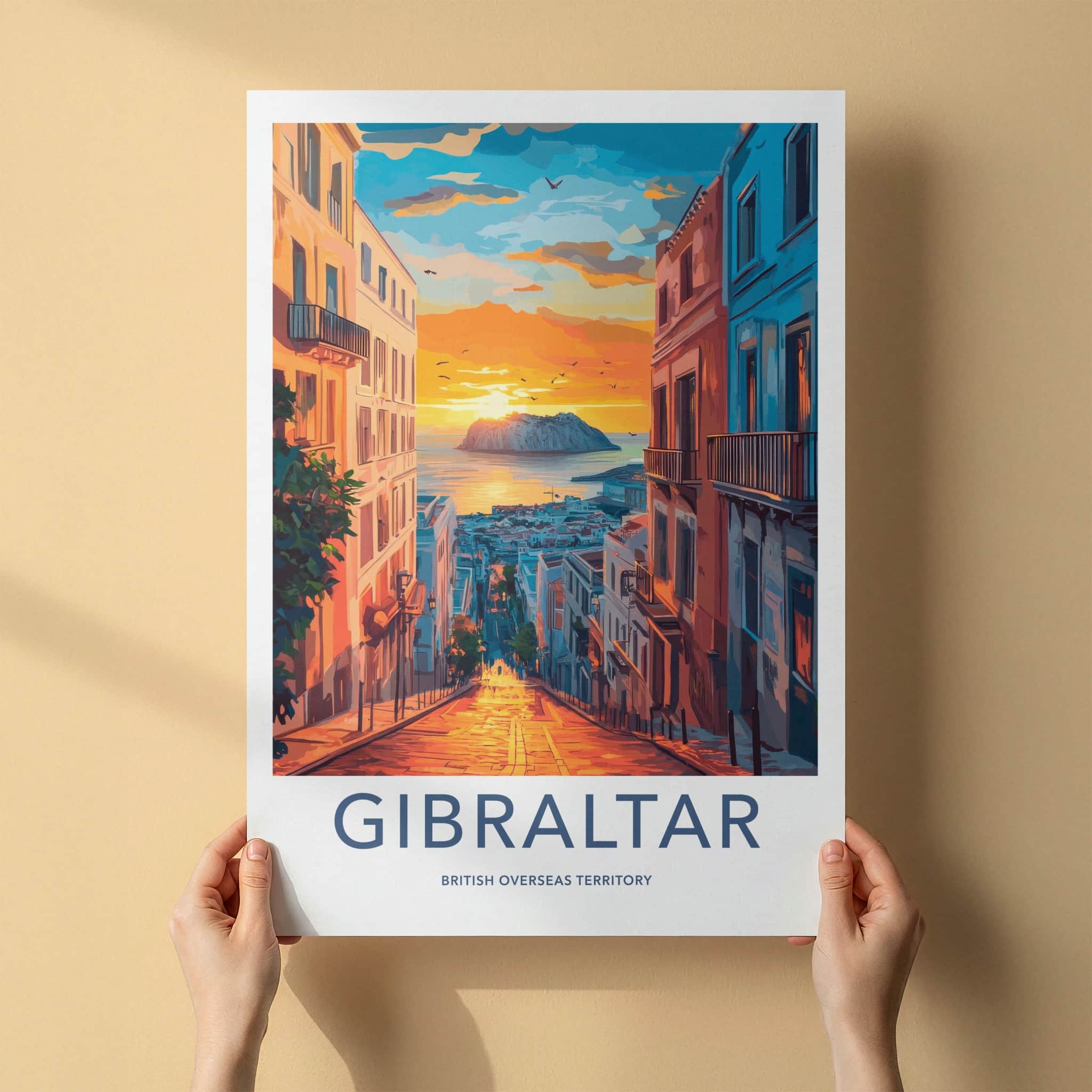 Gibraltar Poster - United Kingdom Travel Art - Golden City Sunset Wall Decor