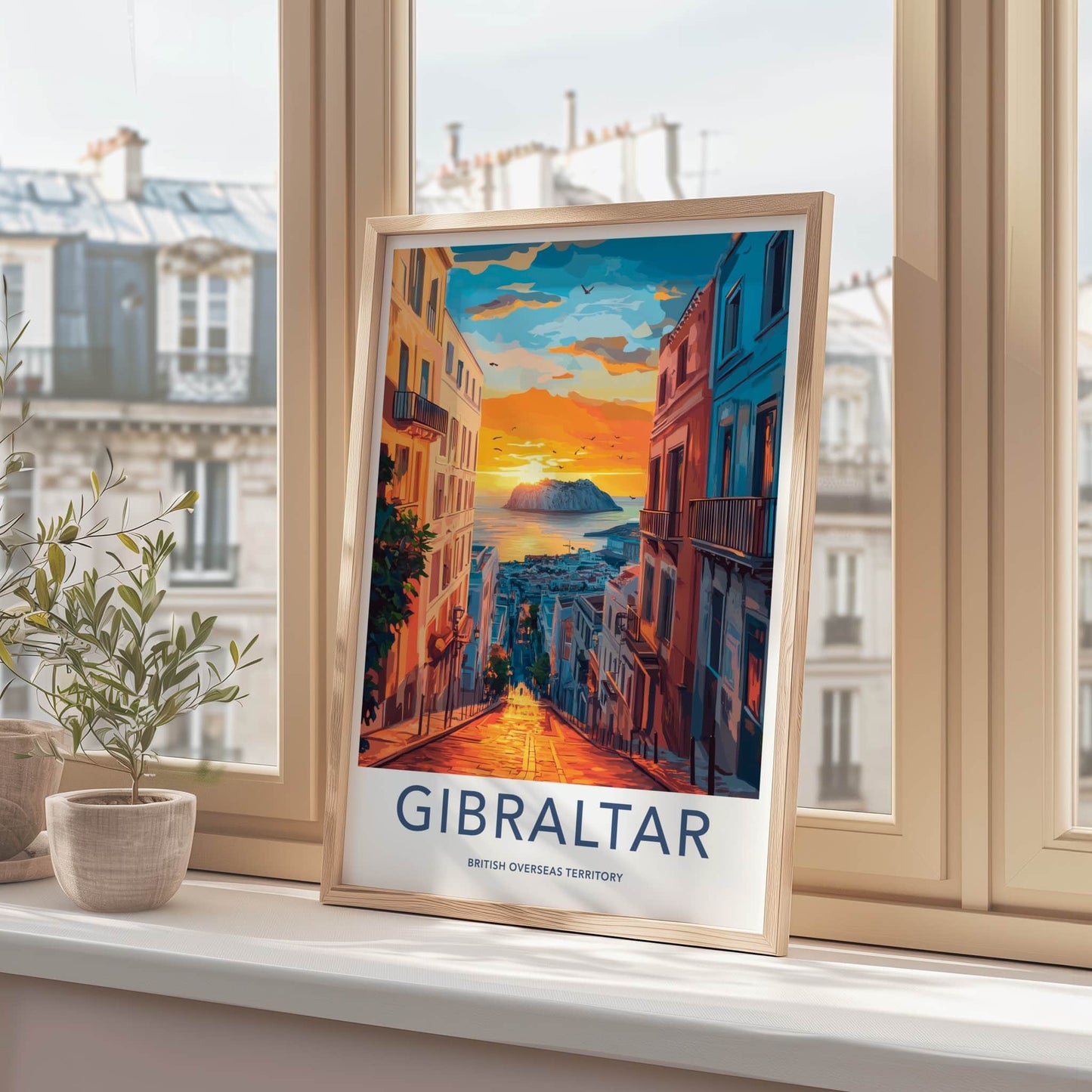 Gibraltar Poster - United Kingdom Travel Art - Golden City Sunset Wall Decor