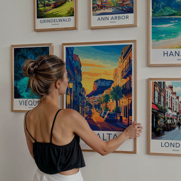 Gibraltar Poster - United Kingdom Travel Art - Golden Street Sunset Home Decor