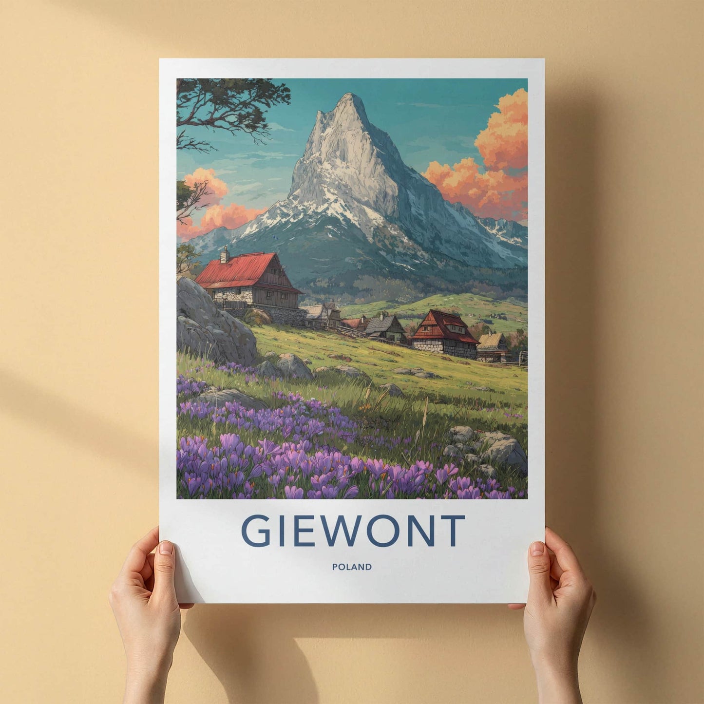 Giewont Poster - Poland Travel Art - Blooming Crocus Mountain Village Home Decor