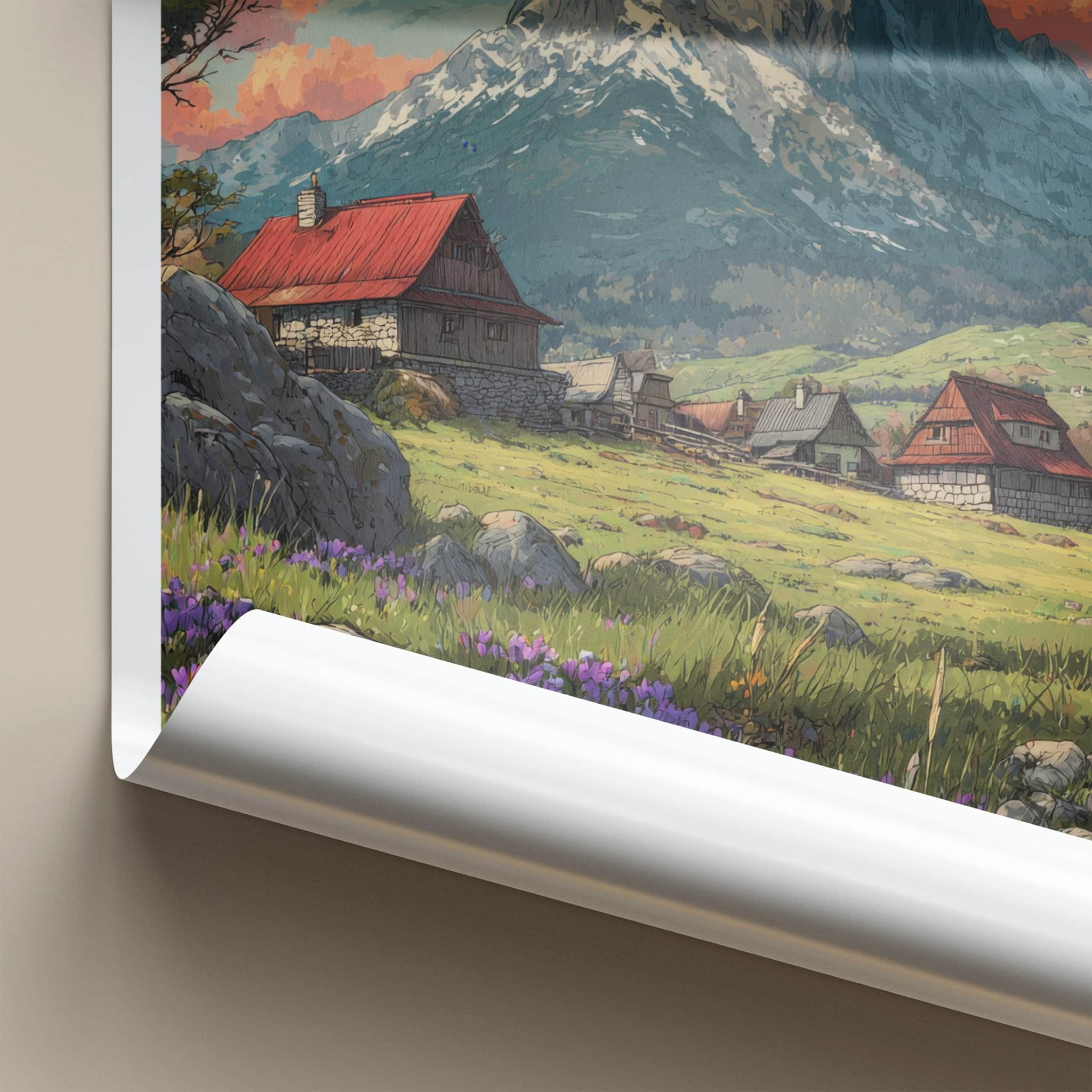 Giewont Poster - Poland Travel Art - Blooming Crocus Mountain Village Home Decor