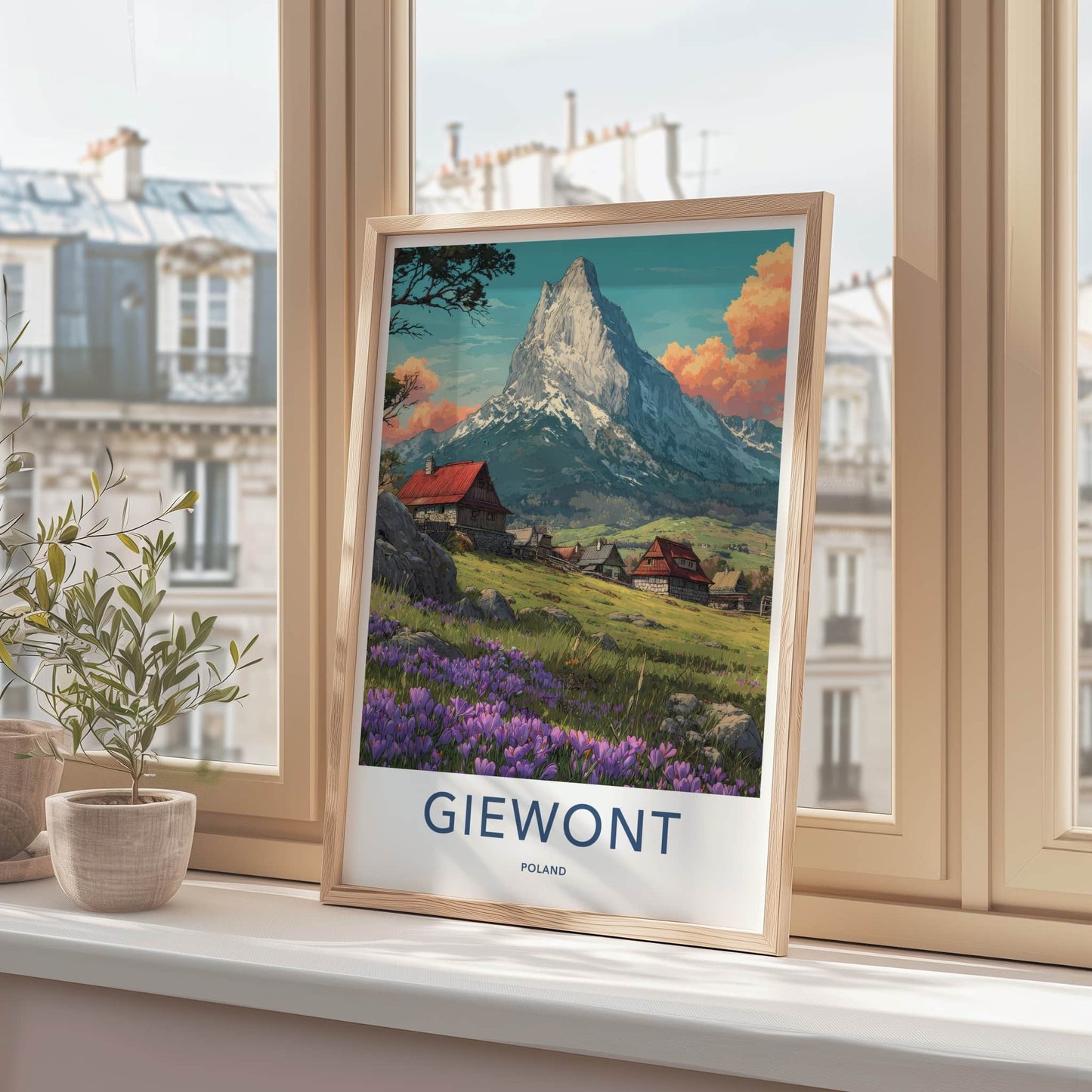 Giewont Poster - Poland Travel Art - Blooming Crocus Mountain Village Home Decor