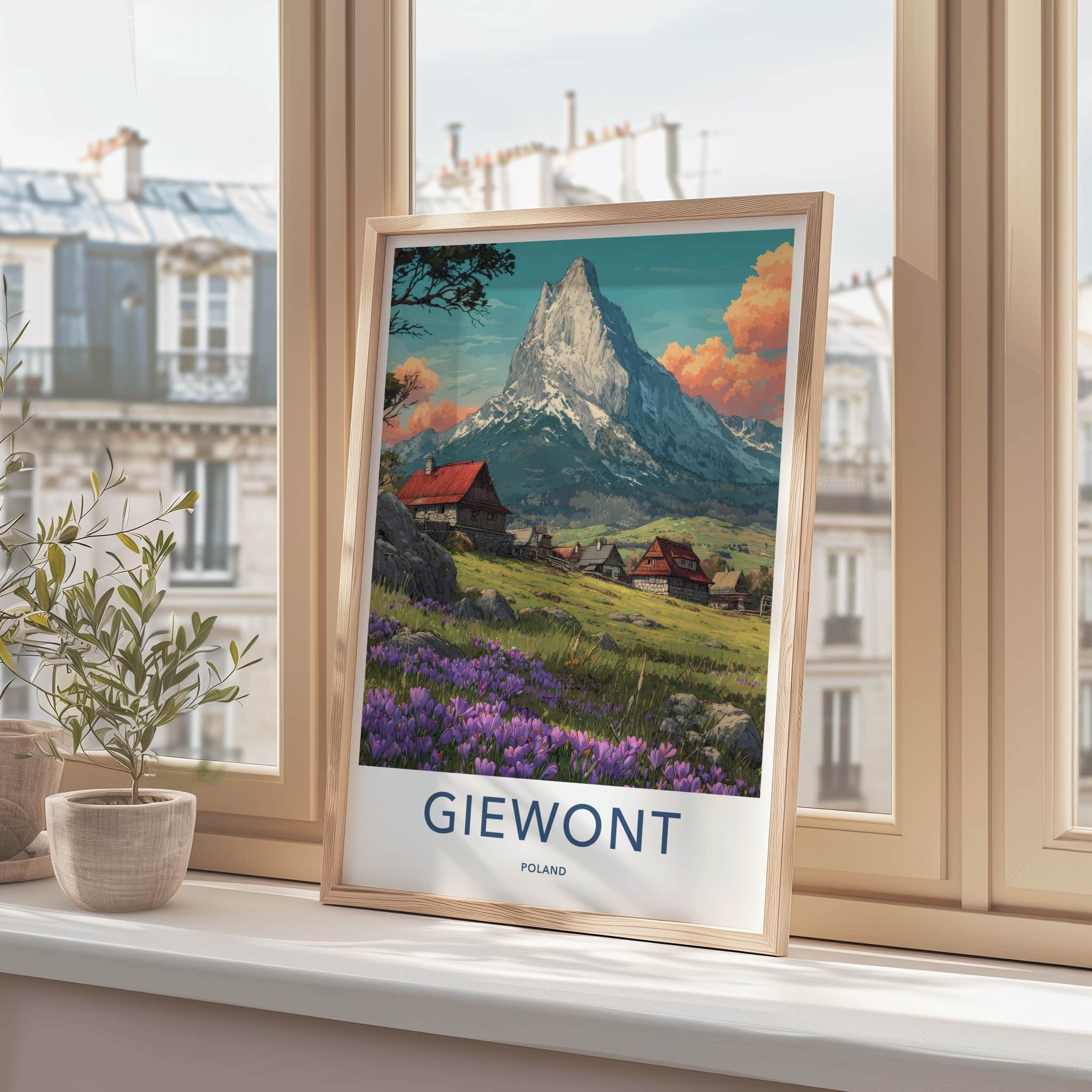 Giewont Poster - Poland Travel Art - Blooming Crocus Mountain Village Home Decor