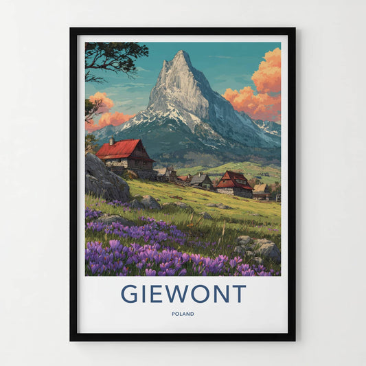 Giewont Poster - Poland Travel Art - Blooming Crocus Mountain Village Home Decor