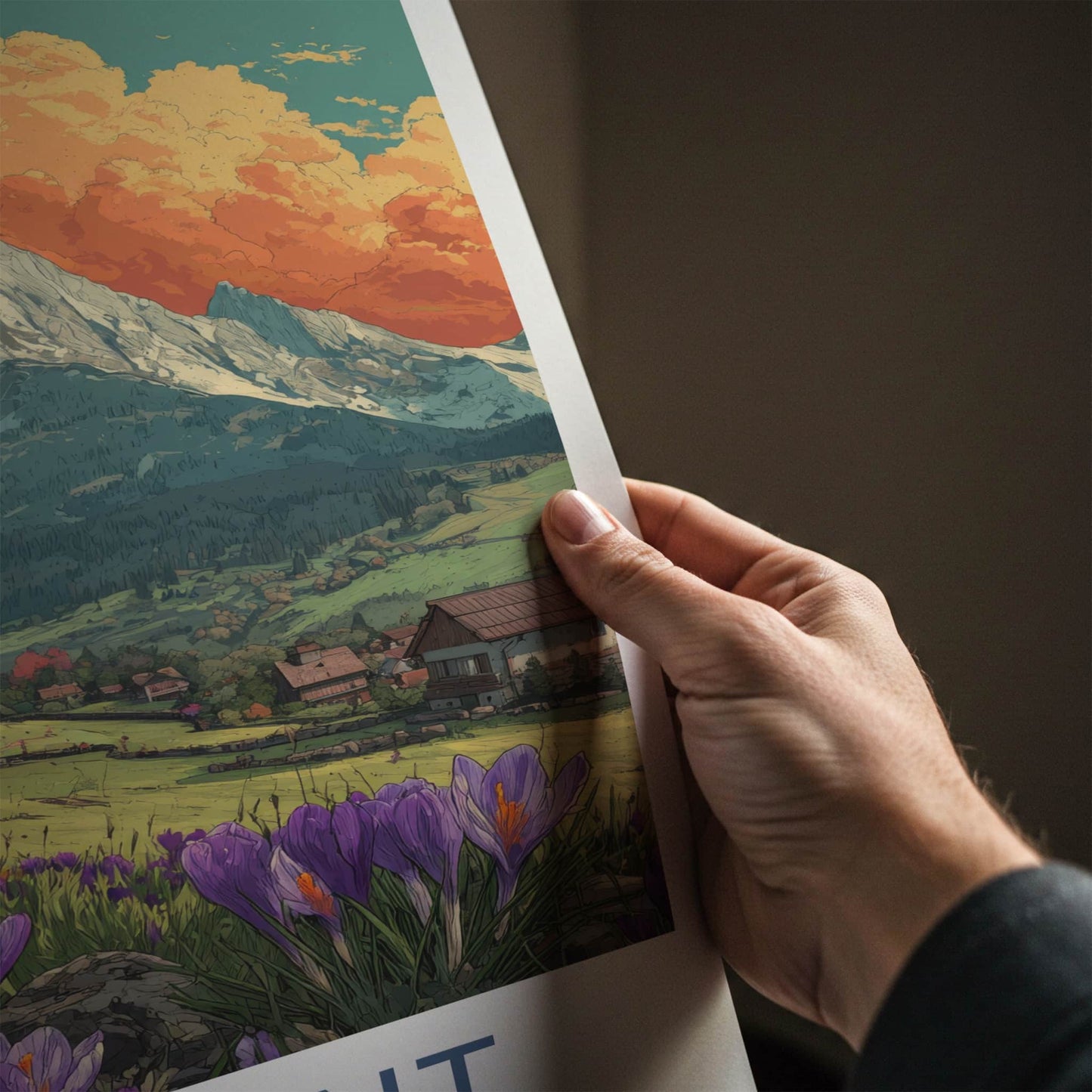Giewont Poster - Poland Travel Art - Orange Clouds Crocus Home Decor