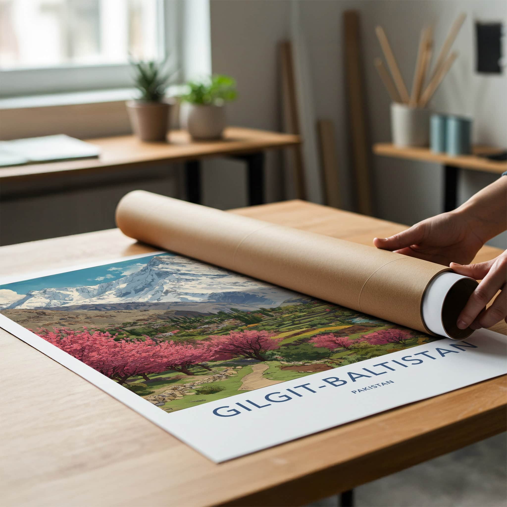 Gilgit-Baltistan Poster - Pakistan Travel Art - Cherry Blossoms Wall Decor
