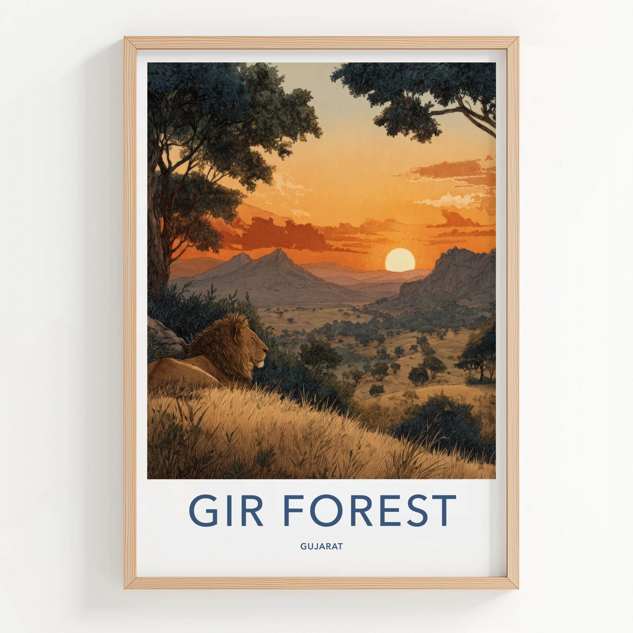 Gir Forest Poster - India Travel Art - Gujarat Lion Resting Sunset Home Decor