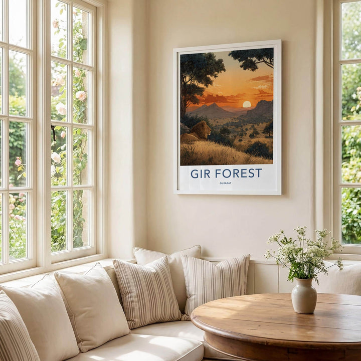 Gir Forest Poster - India Travel Art - Gujarat Lion Resting Sunset Home Decor