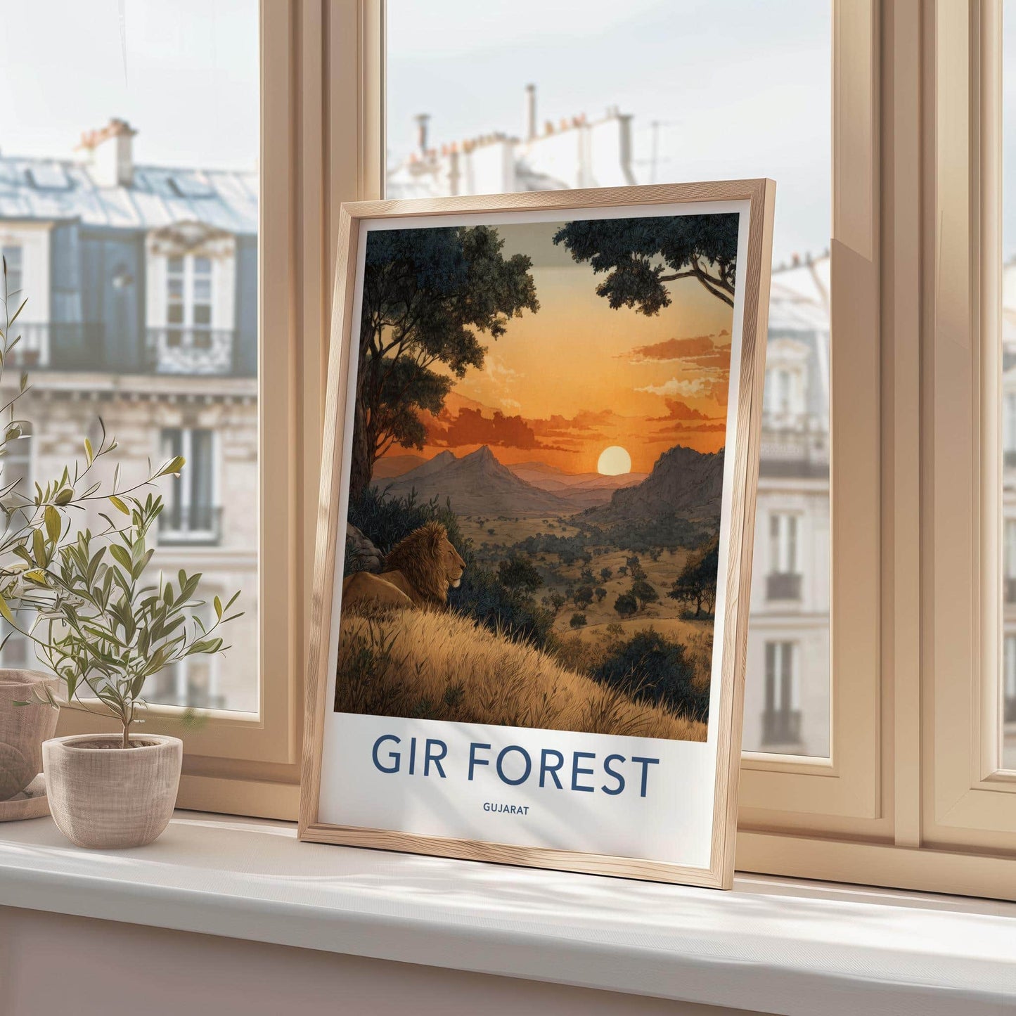 Gir Forest Poster - India Travel Art - Gujarat Lion Resting Sunset Home Decor