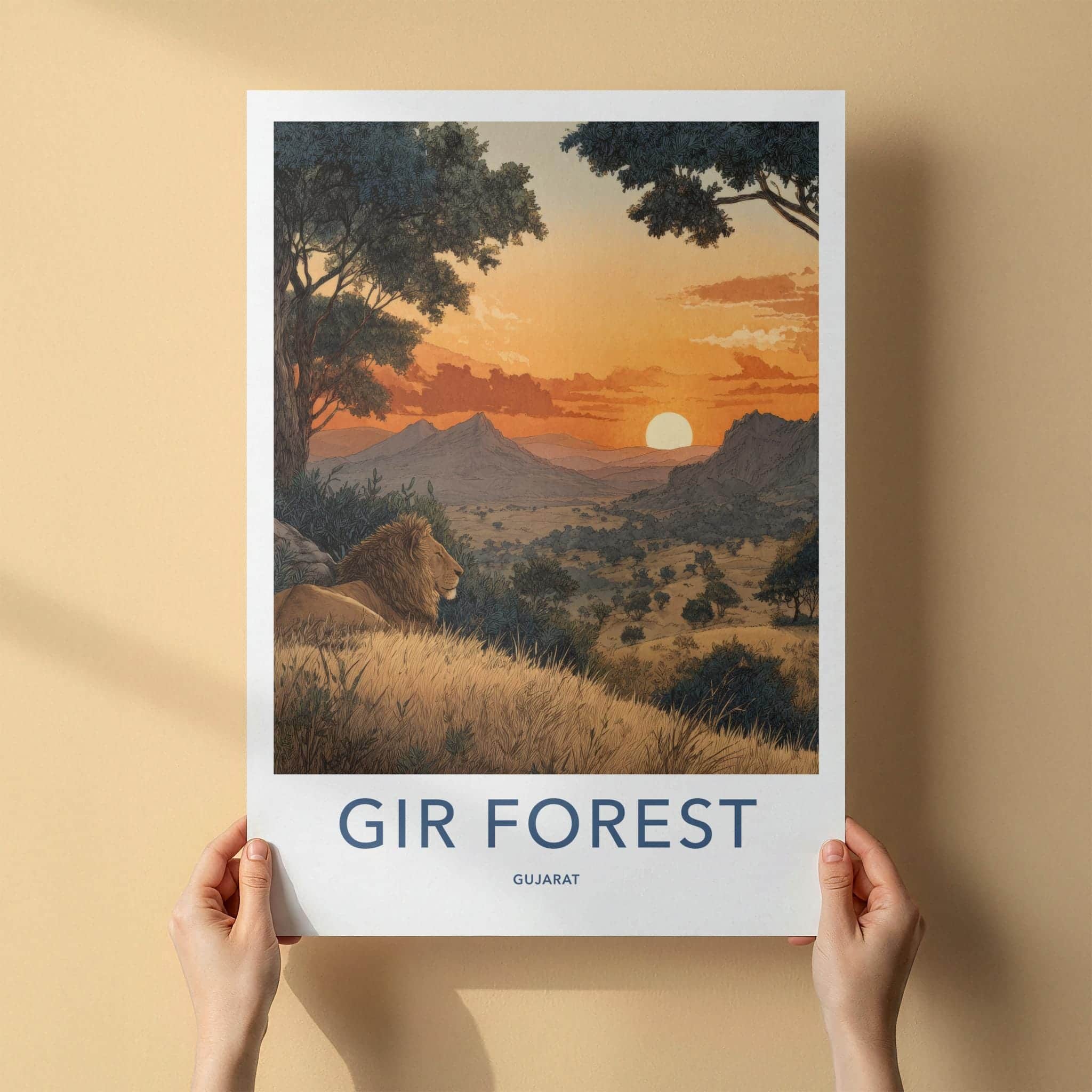 Gir Forest Poster - India Travel Art - Gujarat Lion Resting Sunset Home Decor