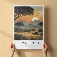 Gir Forest Poster - India Travel Art - Gujarat Lion Savannah Sunset Home Decor