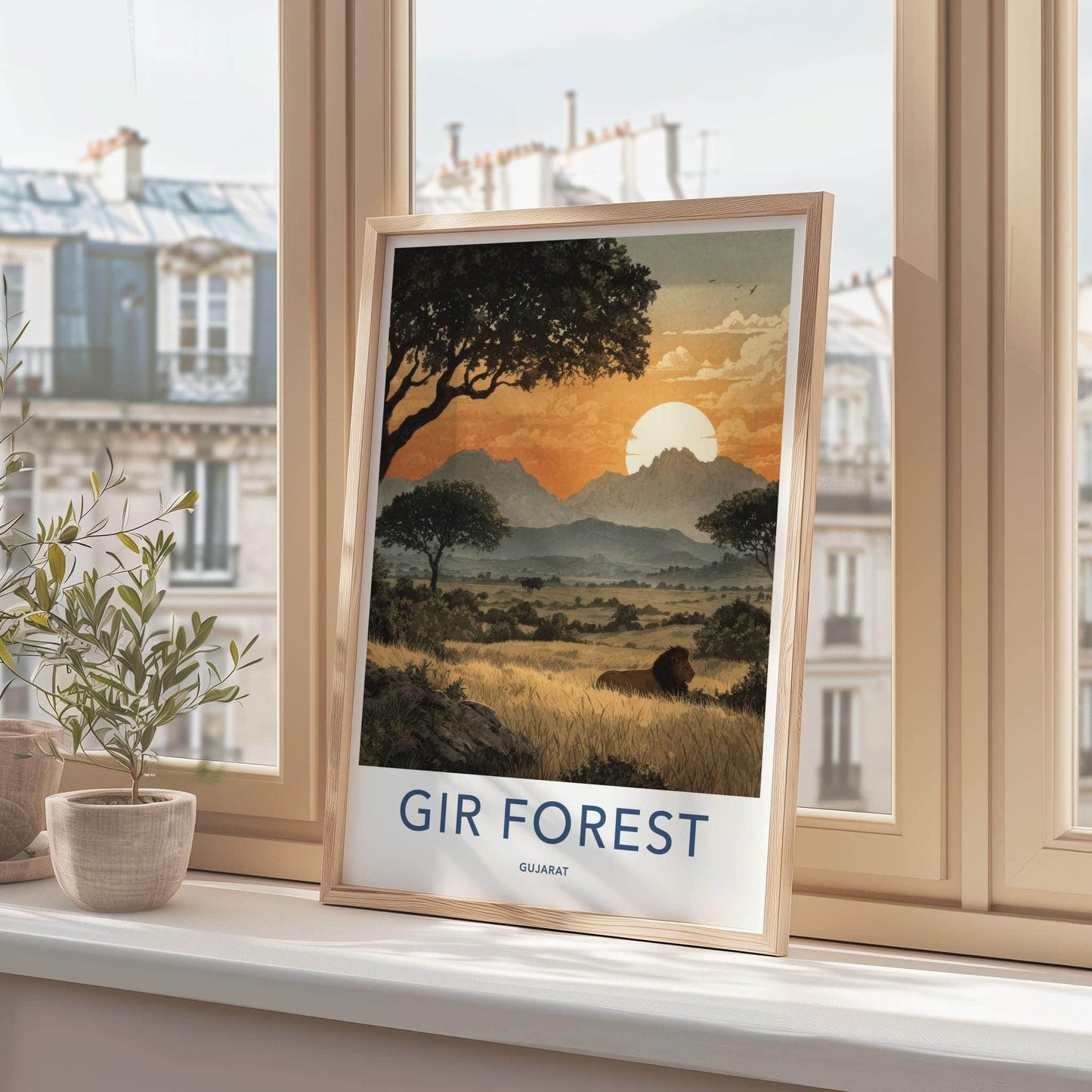 Gir Forest Poster - India Travel Art - Gujarat Lion Savannah Sunset Home Decor