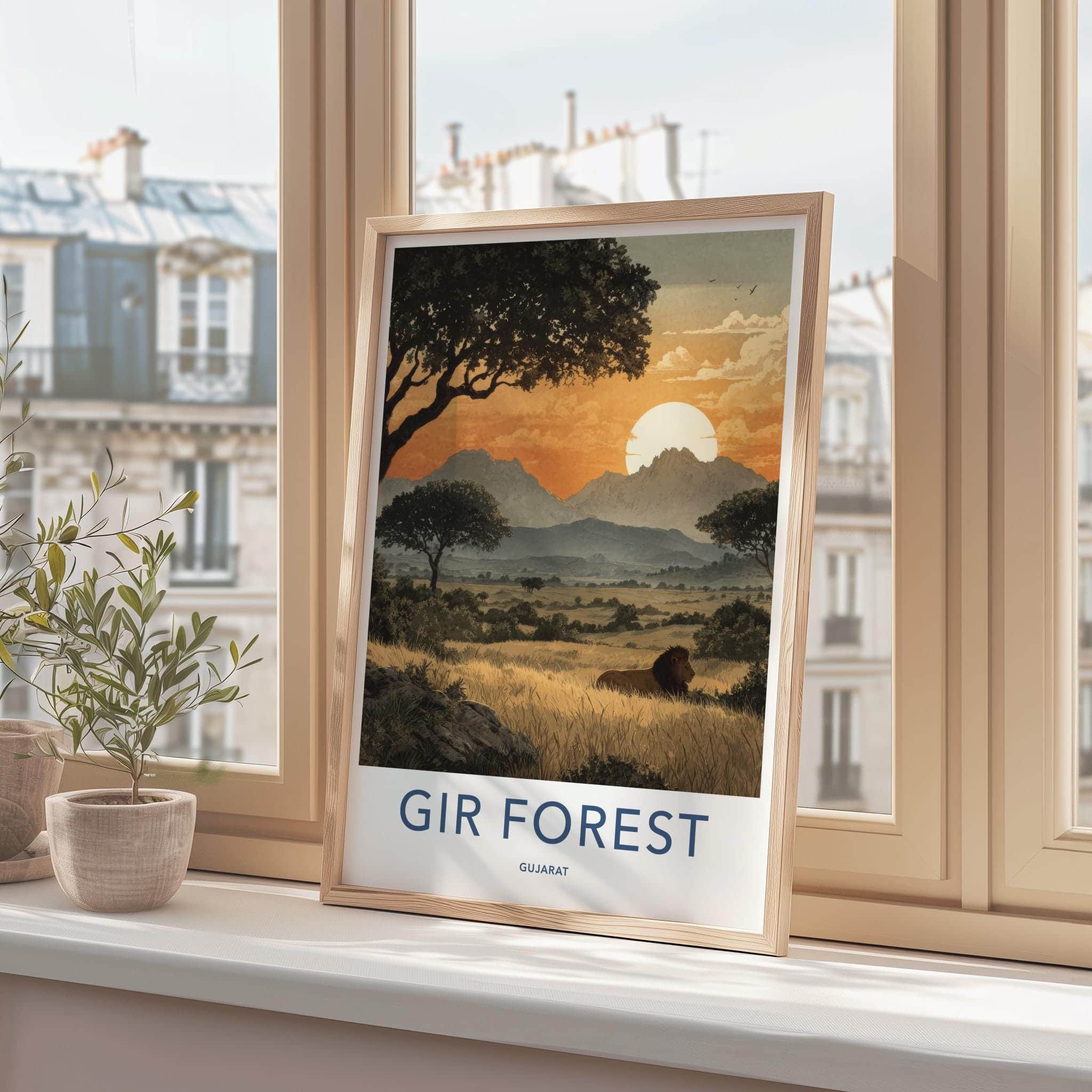 Gir Forest Poster - India Travel Art - Gujarat Lion Savannah Sunset Home Decor