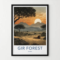 Gir Forest Poster - India Travel Art - Gujarat Lion Savannah Sunset Home Decor