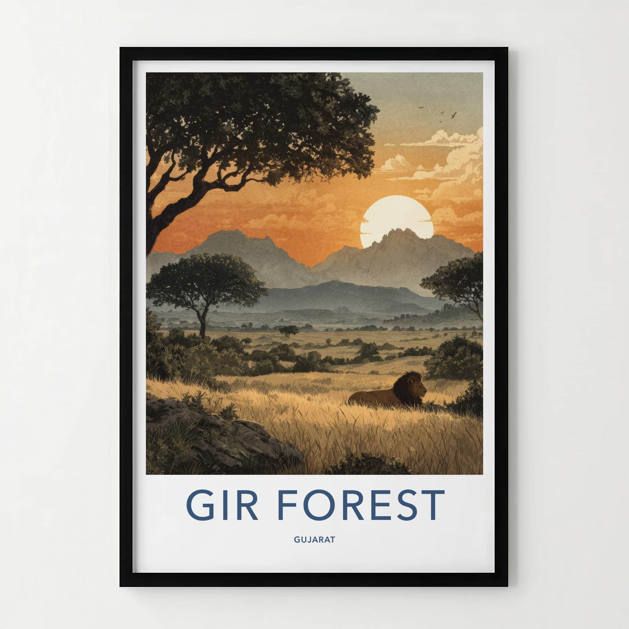 Gir Forest Poster - India Travel Art - Gujarat Lion Savannah Sunset Home Decor