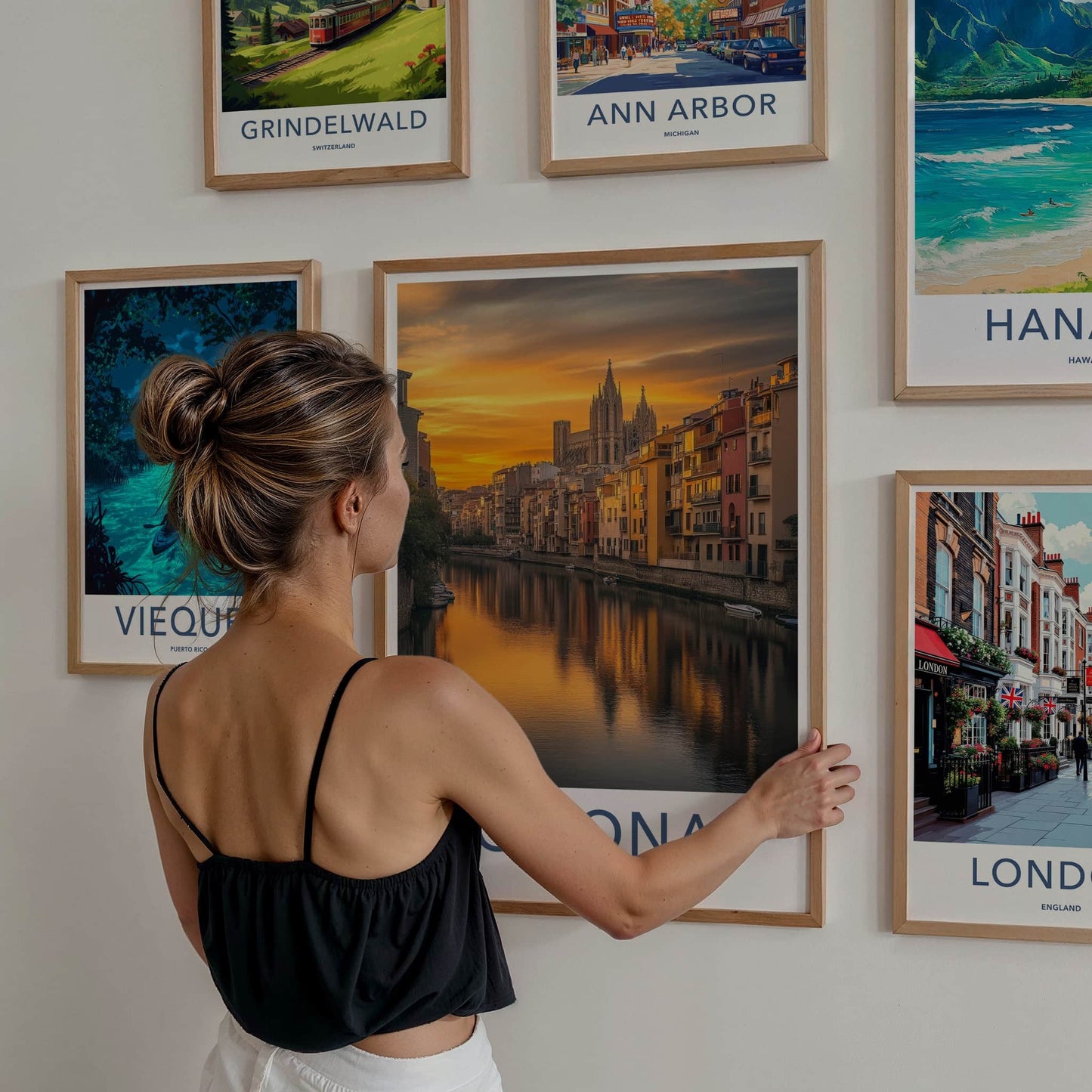 Girona Poster - Spain Travel Art - Vibrant City Sunset Home Decor
