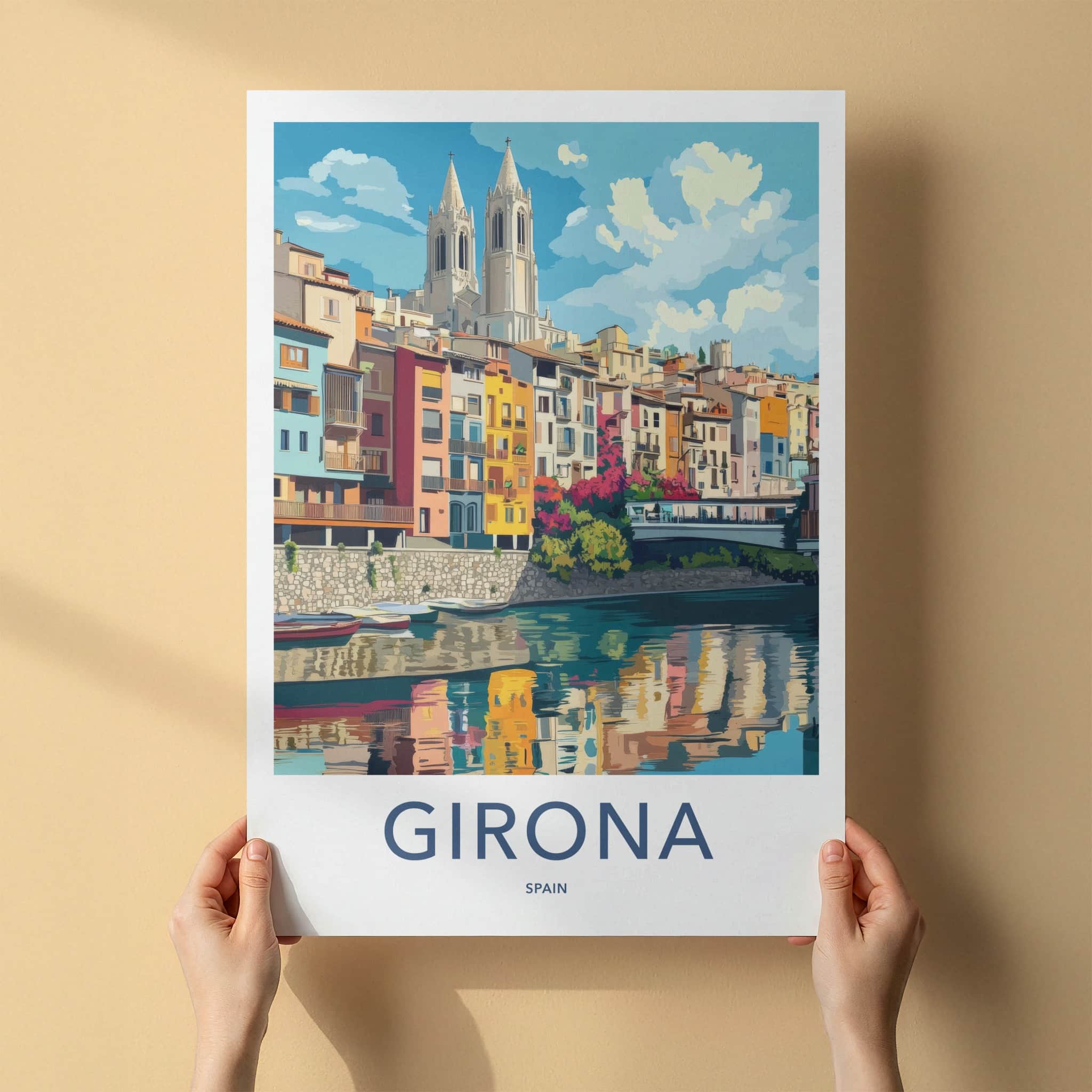Girona Poster - Spain Travel Print - Colorful River Reflection Home Decor