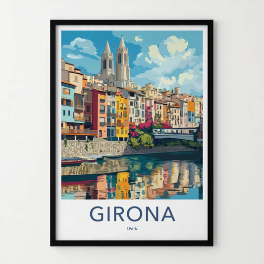 Girona Poster - Spain Travel Print - Colorful River Reflection Home Decor