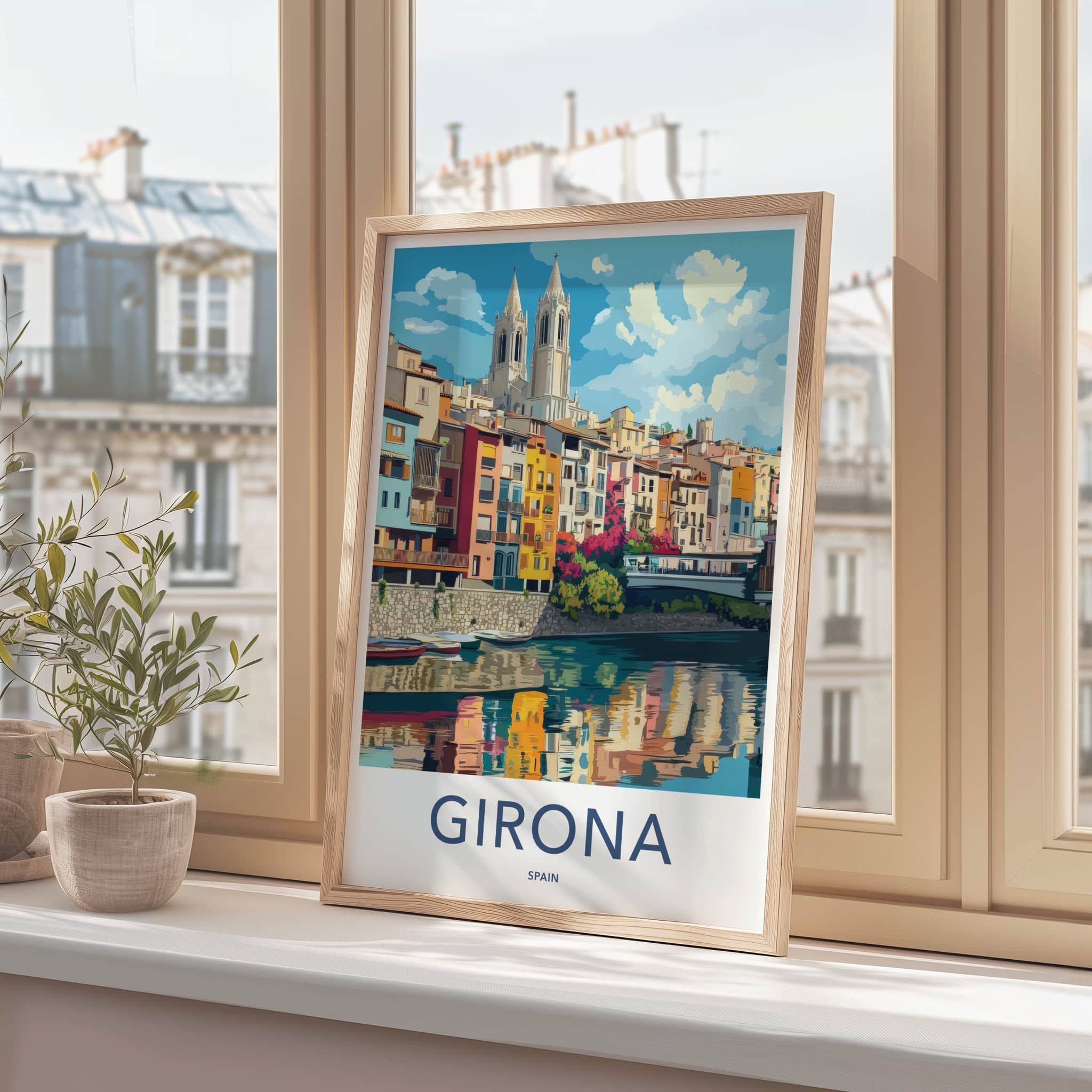 Girona Poster - Spain Travel Print - Colorful River Reflection Home Decor