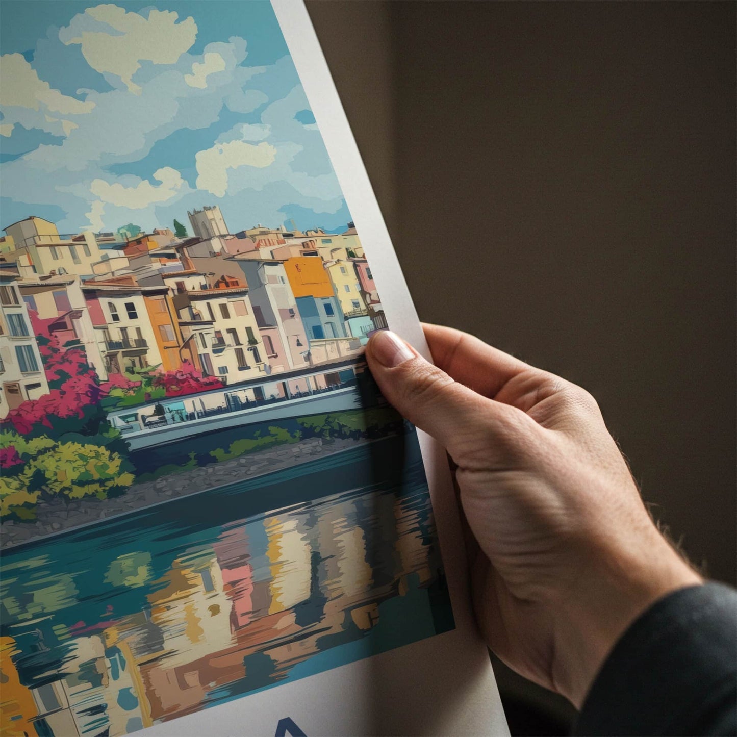 Girona Poster - Spain Travel Print - Colorful River Reflection Home Decor
