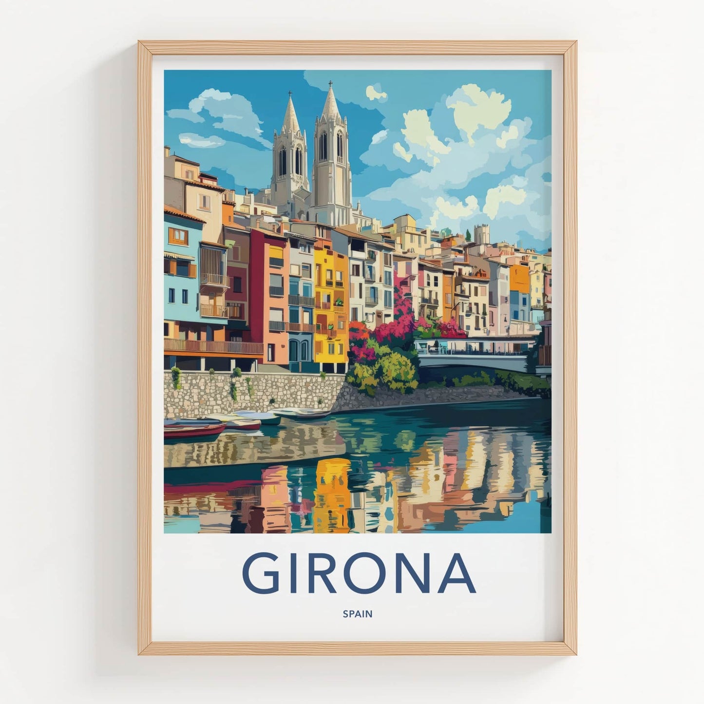 Girona Poster - Spain Travel Print - Colorful River Reflection Home Decor