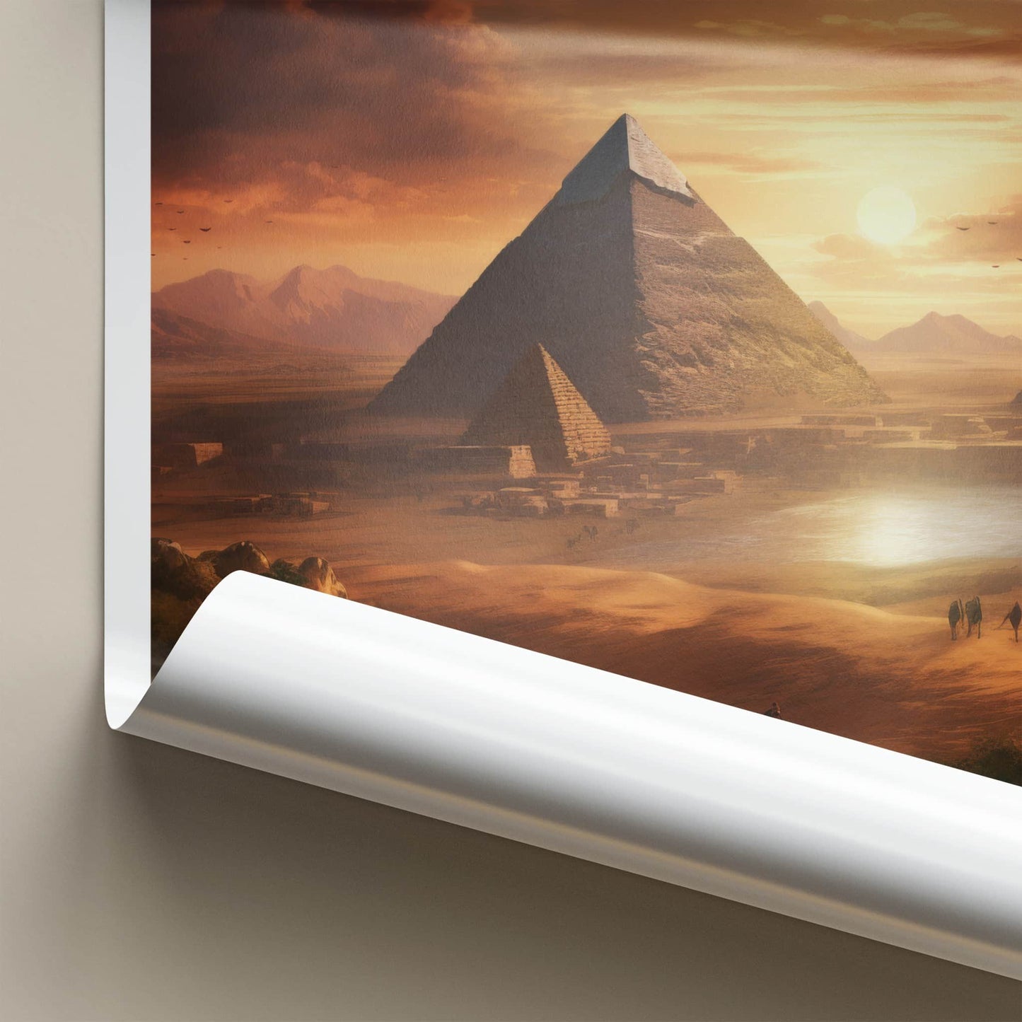 Giza Poster - Egypt Travel Art - Caravan Desert Sunset Home Decor