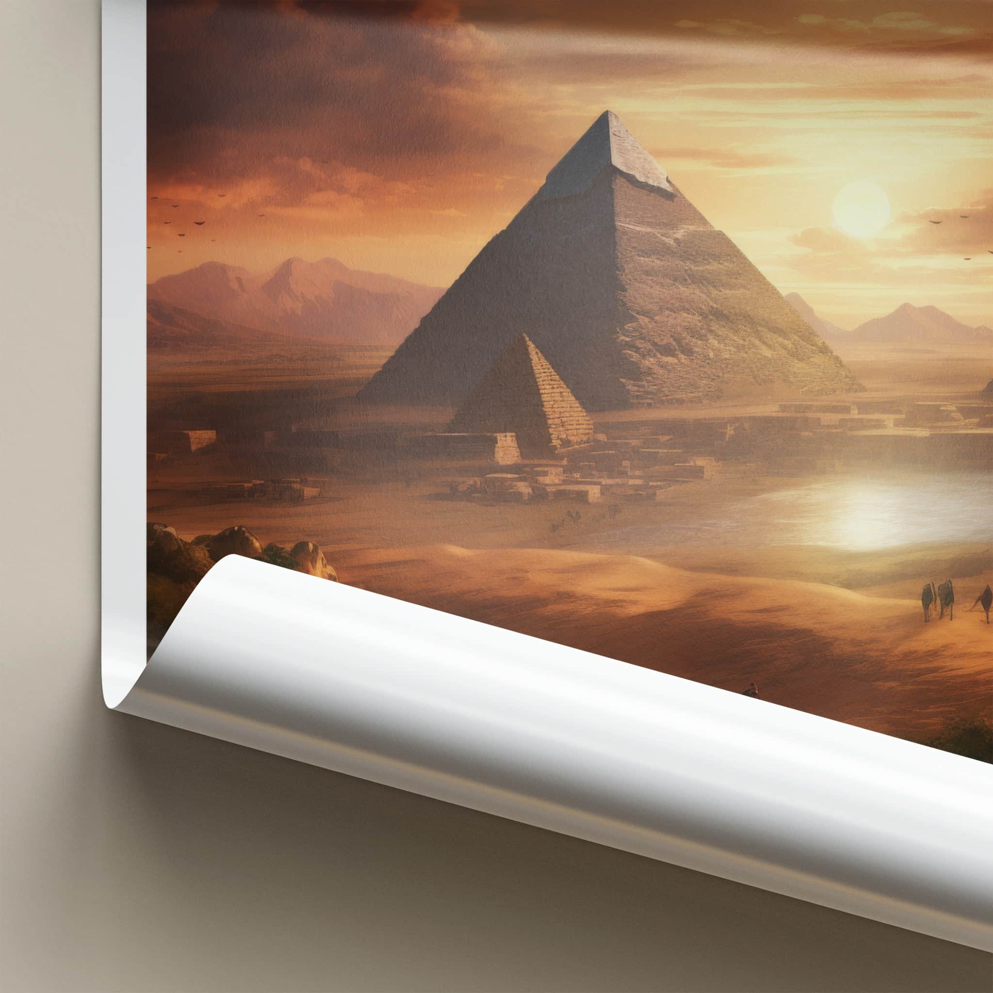 Giza Poster - Egypt Travel Art - Caravan Desert Sunset Home Decor