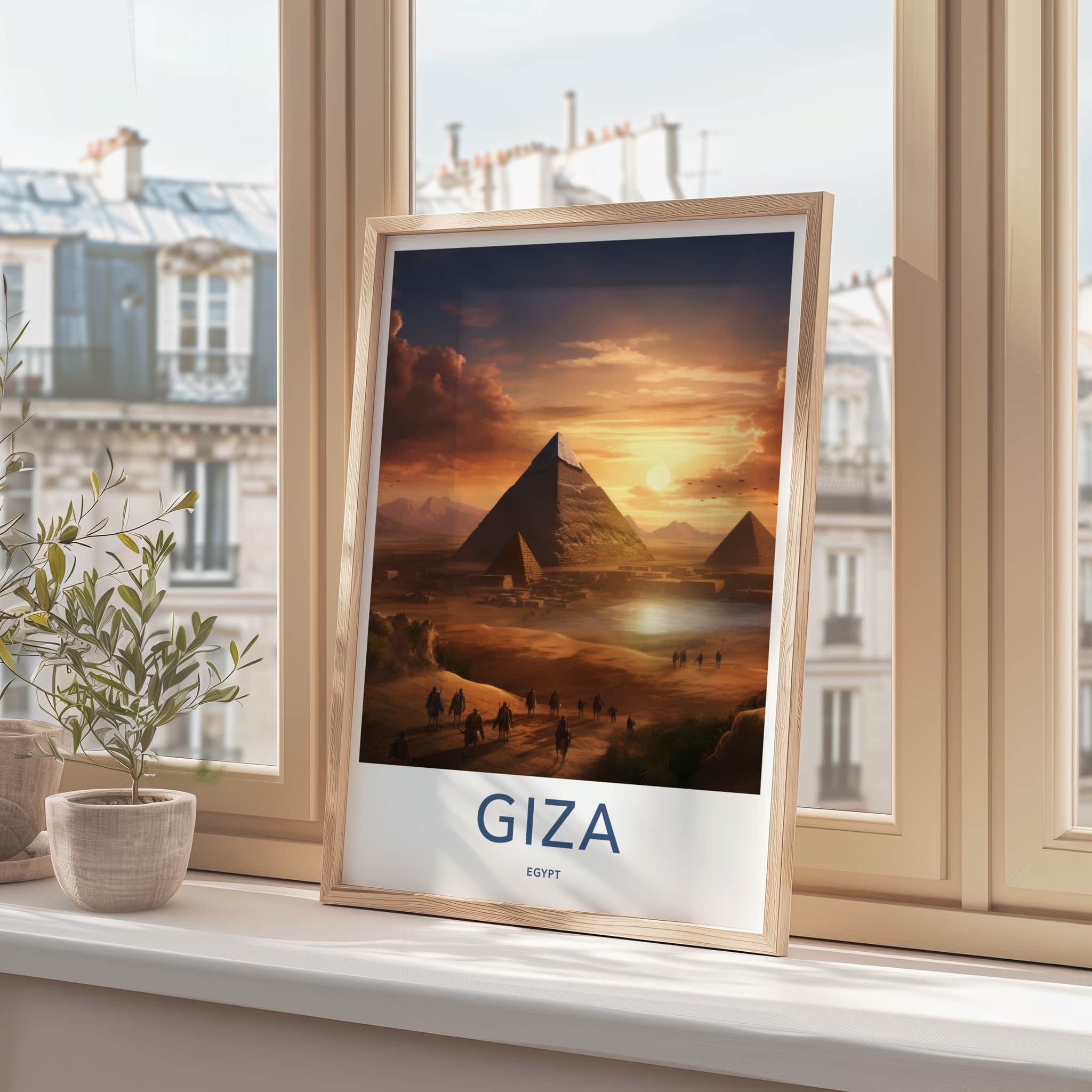 Giza Poster - Egypt Travel Art - Caravan Desert Sunset Home Decor