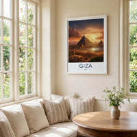 Giza Poster - Egypt Travel Art - Caravan Desert Sunset Home Decor