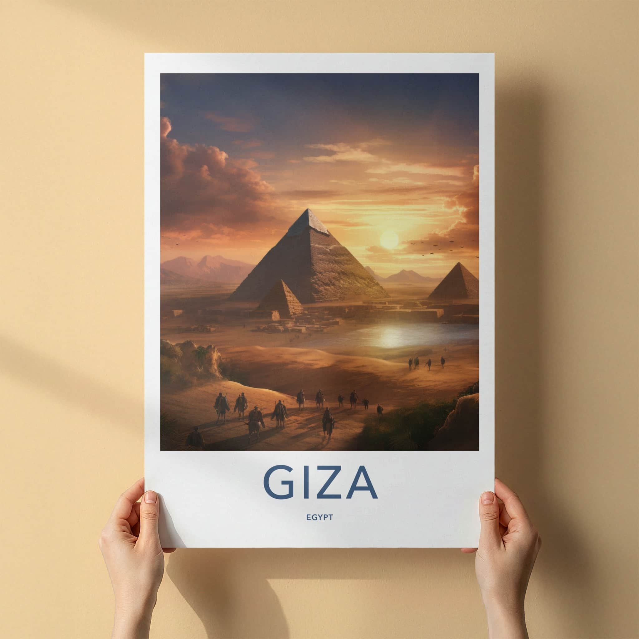 Giza Poster - Egypt Travel Art - Caravan Desert Sunset Home Decor