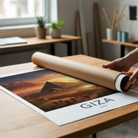 Giza Poster - Egypt Travel Art - Caravan Desert Sunset Home Decor
